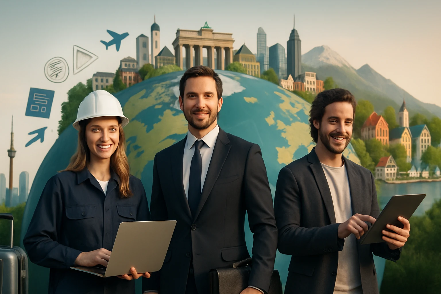 Három fiatal szakember áll a földgömb előtt, modern városok háttérrel, technológiai eszközökkel.