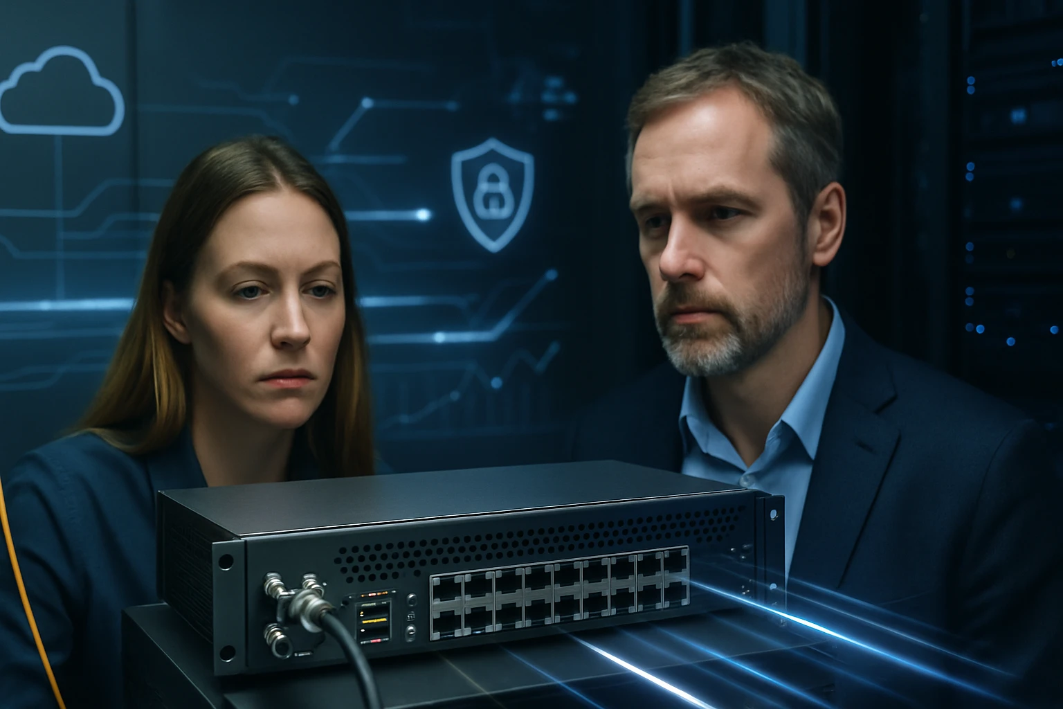 Két szakember figyelmesen nézi a számítógépes berendezést egy sötét, technológiai háttér előtt.