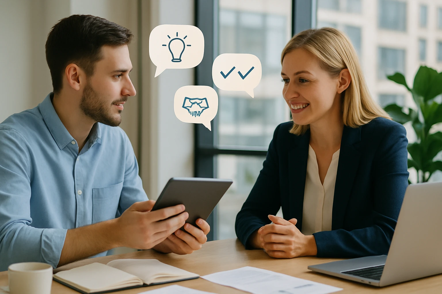 Két fiatal szakember beszélget egy modern irodában, táblagépet tartanak a kezükben.