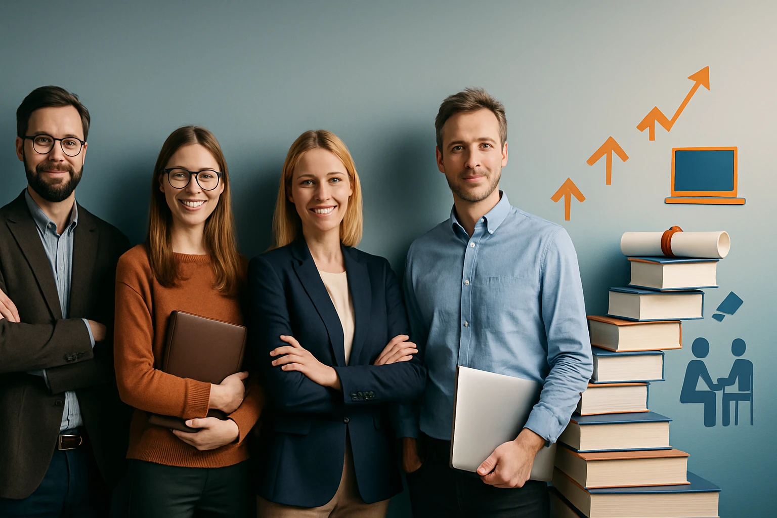 Négy fiatal szakember áll egy fal előtt, könyvek és grafikonok mellett, mosolyogva.