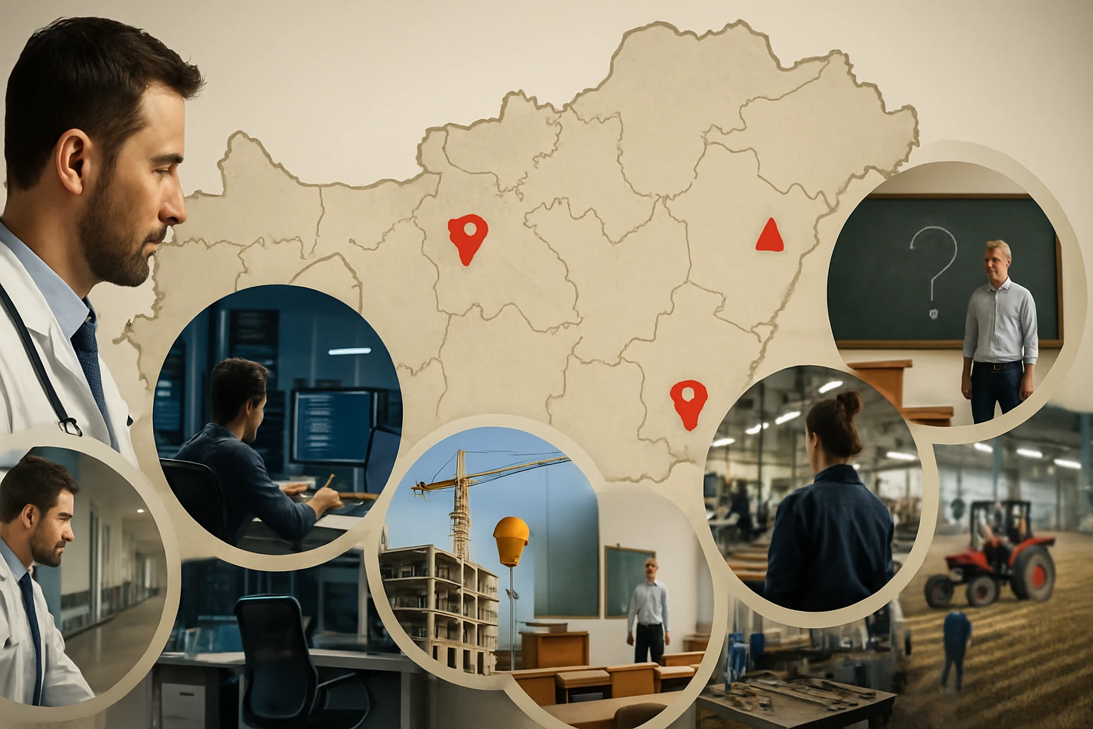 Egy térkép látható, amelyen különböző helyszínek vannak kiemelve, szakemberek különböző munkakörnyezetekben.