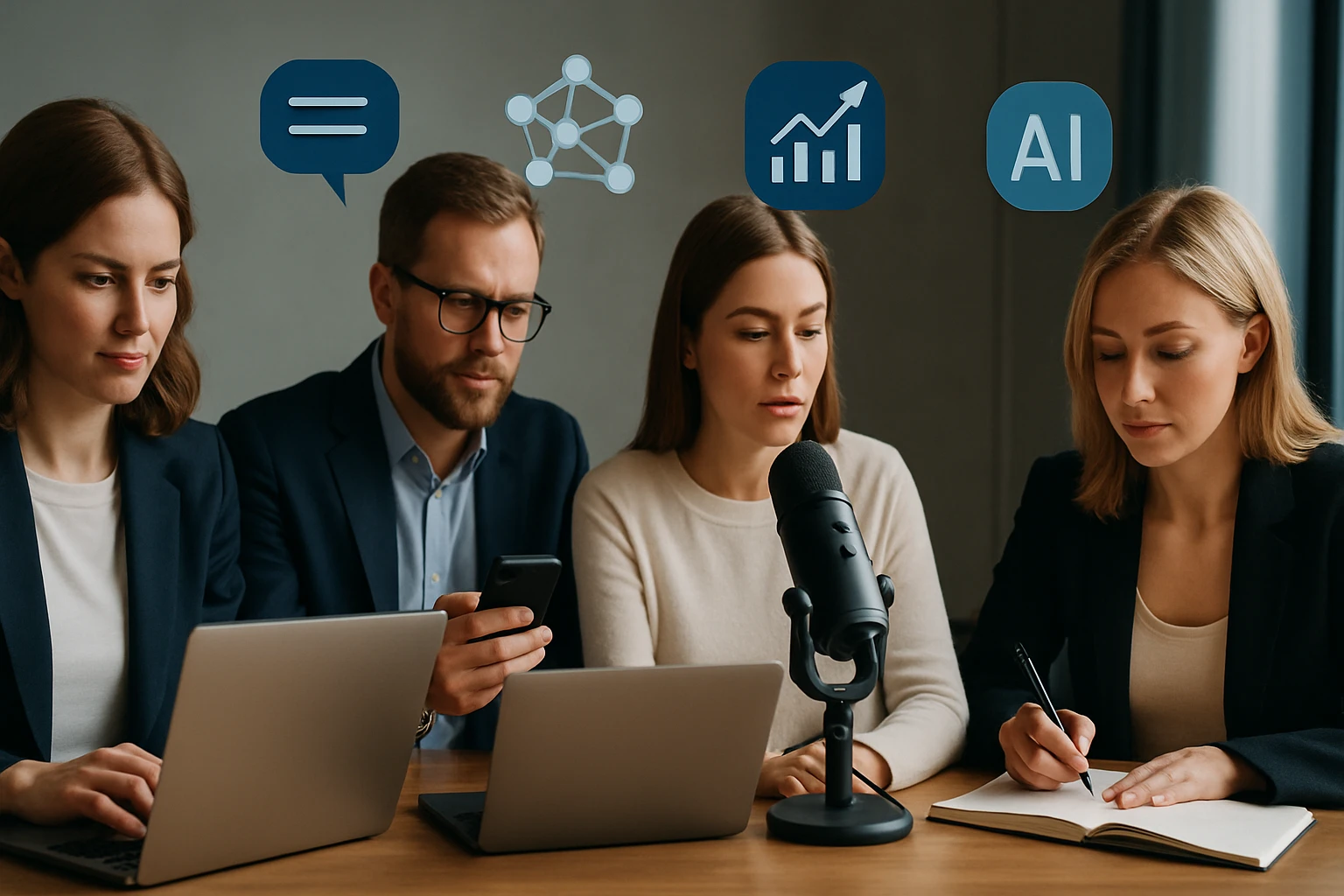 Négy fiatal szakember ül egy asztalnál, laptopokkal és egy mikrofon mellett, aktívan dolgoznak.