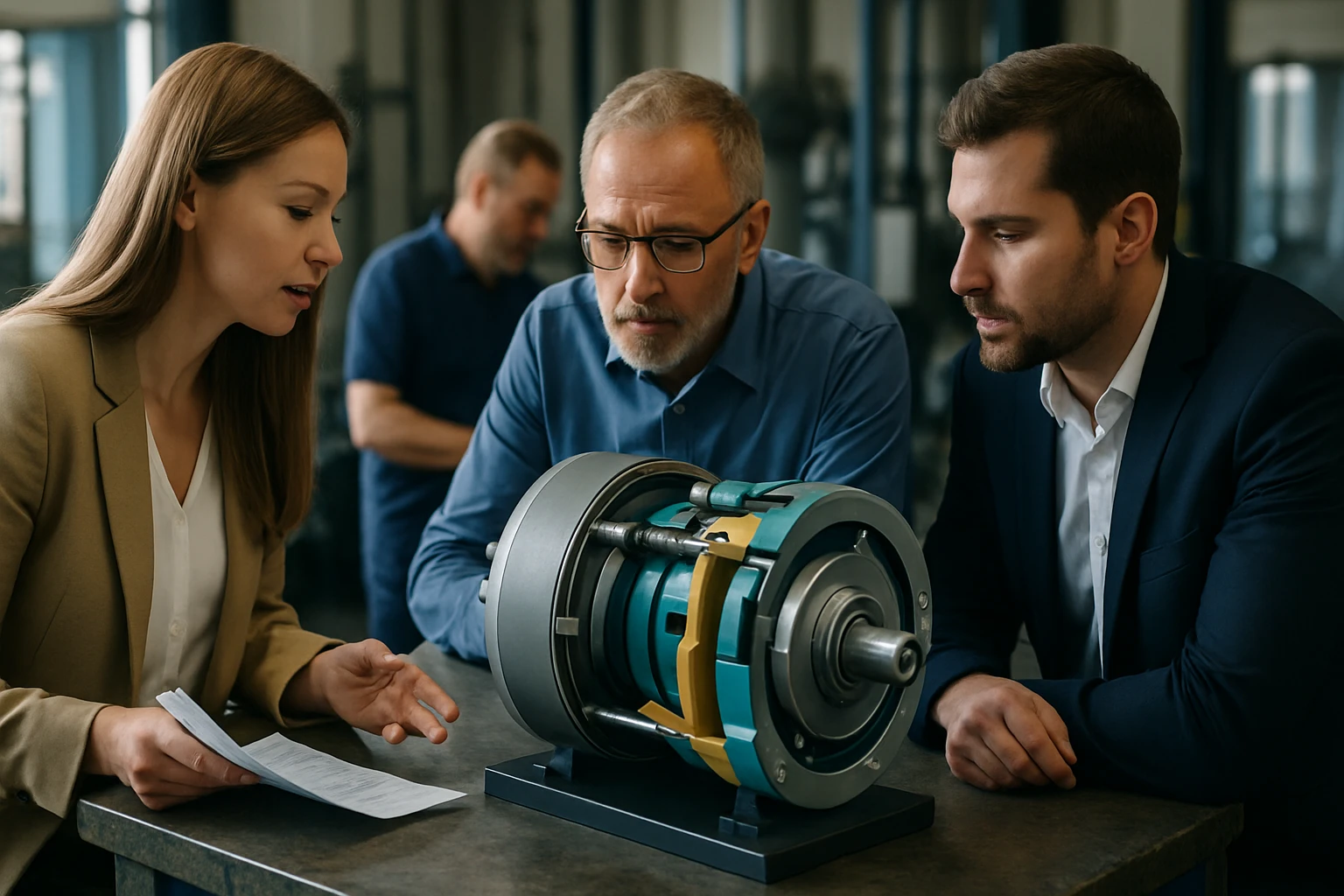 Három szakember egy motor modelljét vizsgálja, miközben jegyzetelnek.