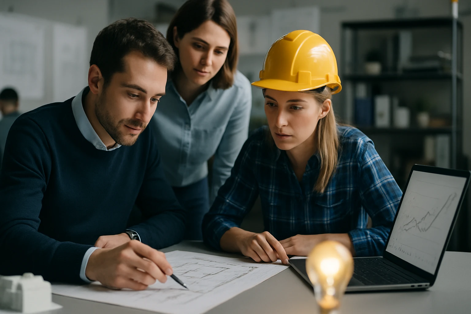 Három szakember egy asztalnál ülve terveket néz, az egyikük sárga sisakot visel.