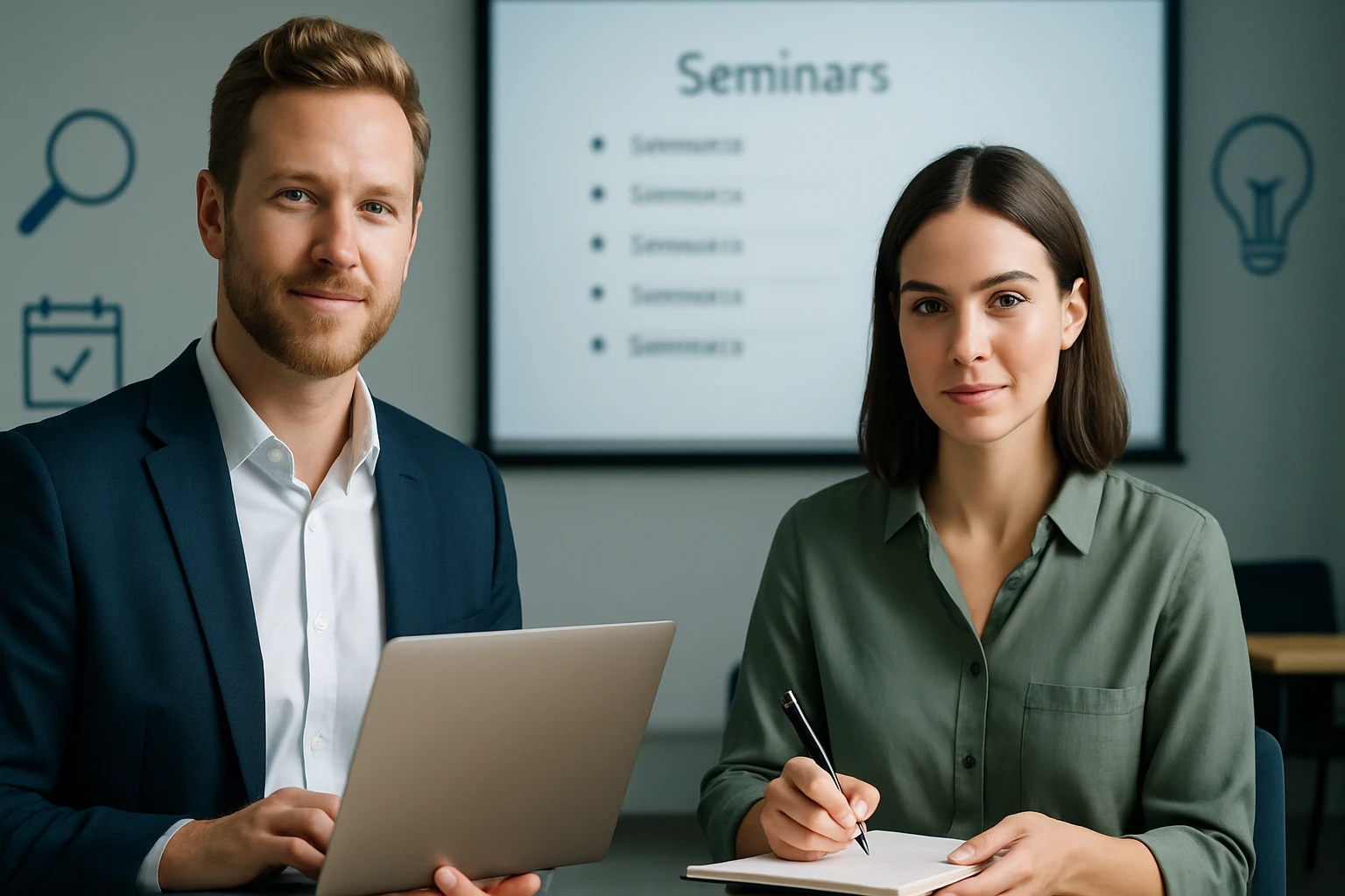 Két fiatal szakember ül egy konferenciateremben, laptopot és jegyzetfüzetet használnak.