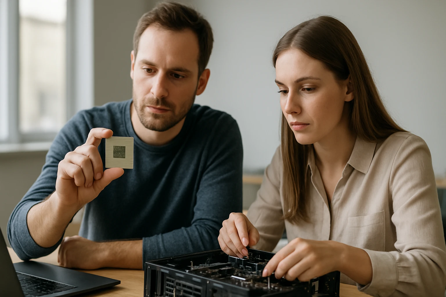 Egy férfi és egy nő egy számítógép alkatrészeit vizsgálják, a férfi egy processzort tart a kezében.