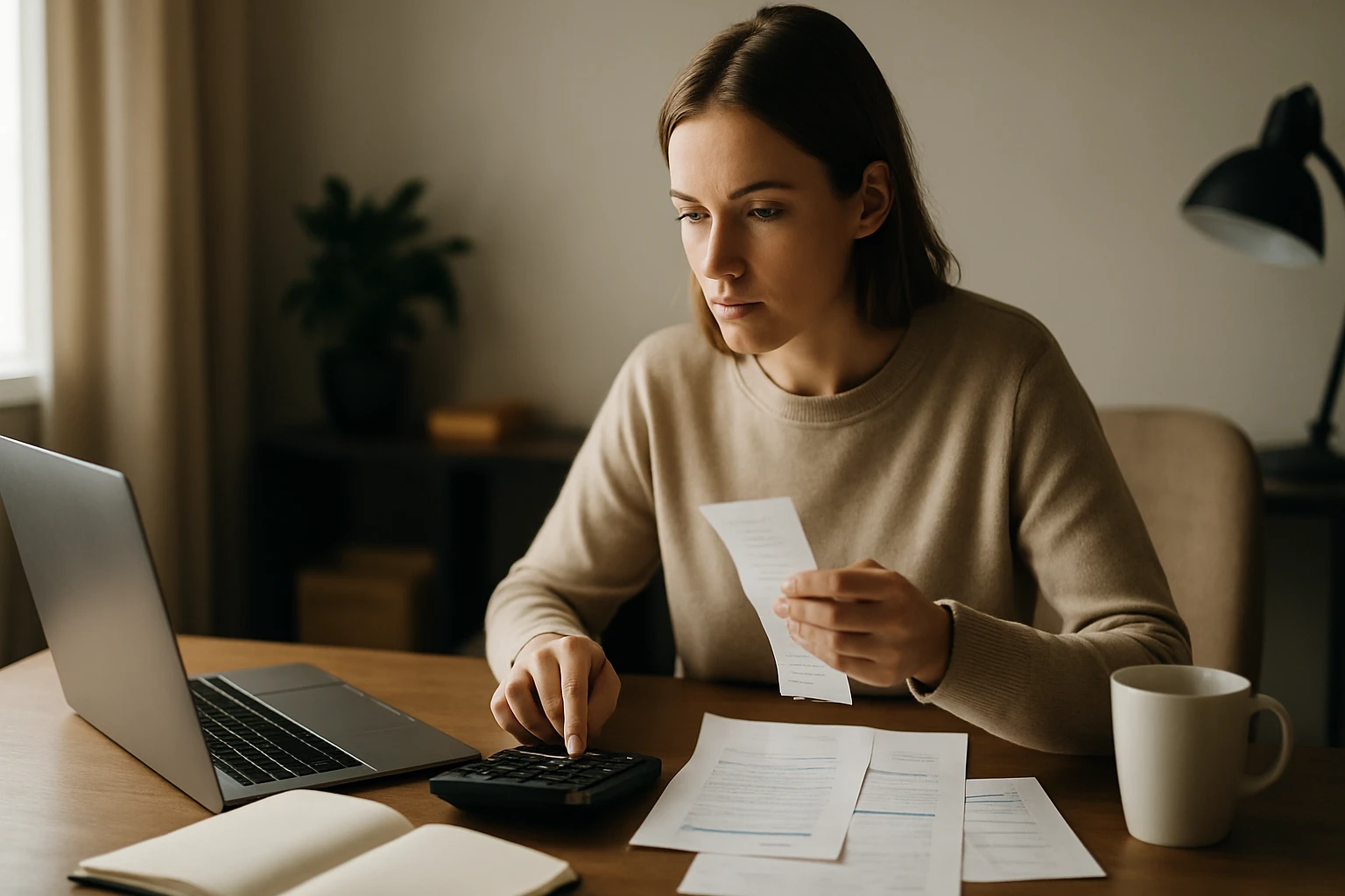 Egy fiatal nő a számológépét használja, miközben számlákat nézeget.