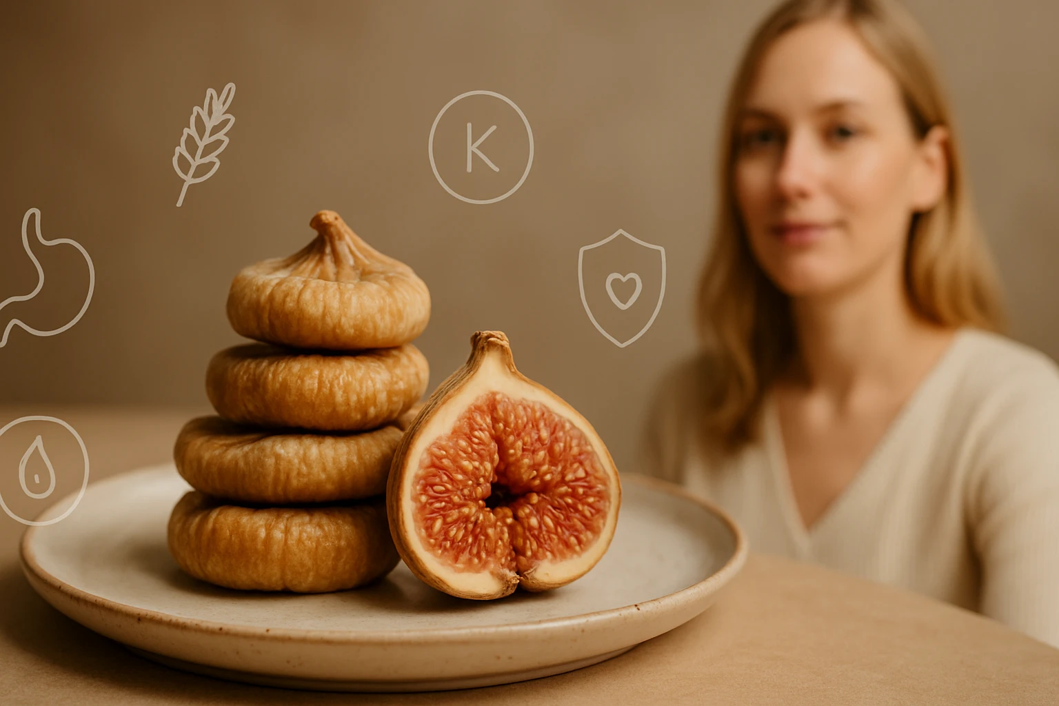 Egy tálon szárított füge és egy fél füge látható, háttérben egy nő.