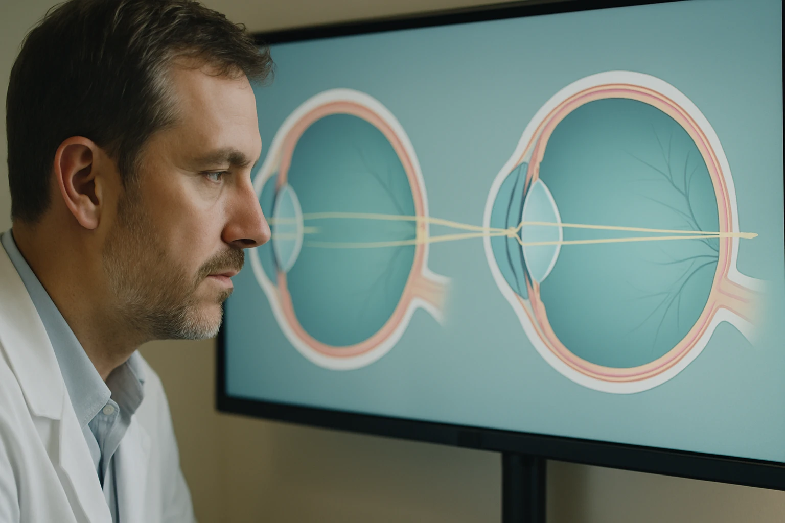 Egy orvos figyeli a szem anatómiáját bemutató grafikát a monitoron.