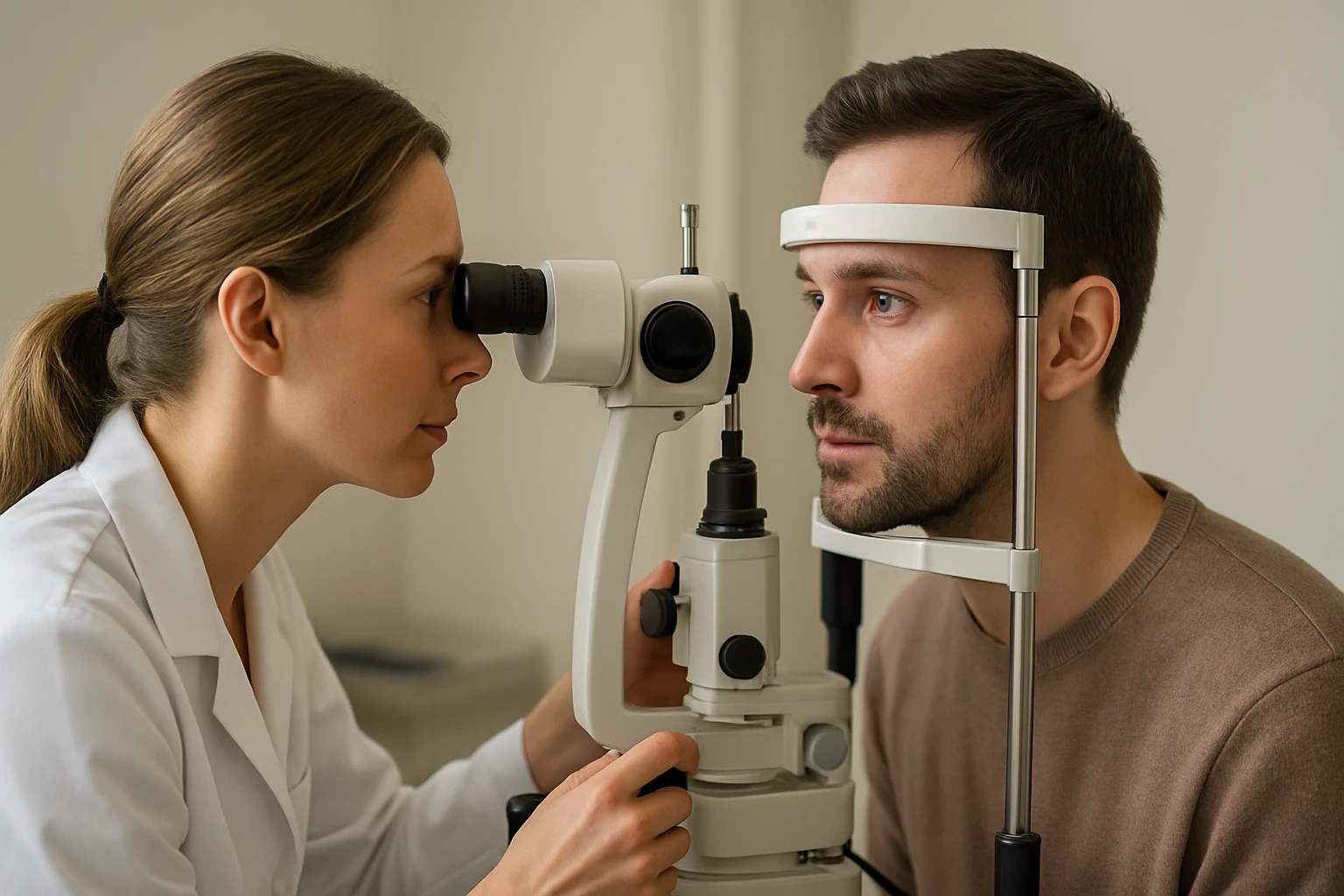 Egy női szemész orvos vizsgálja a férfi páciens szemét egy szemészeti műszer segítségével.