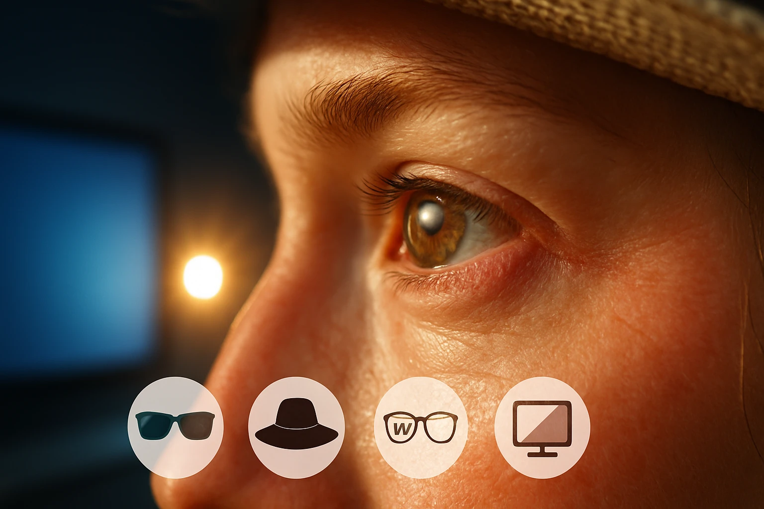 Egy ember szeme, mellette napszemüveg, kalap, szemüveg és monitor ikonok láthatók.