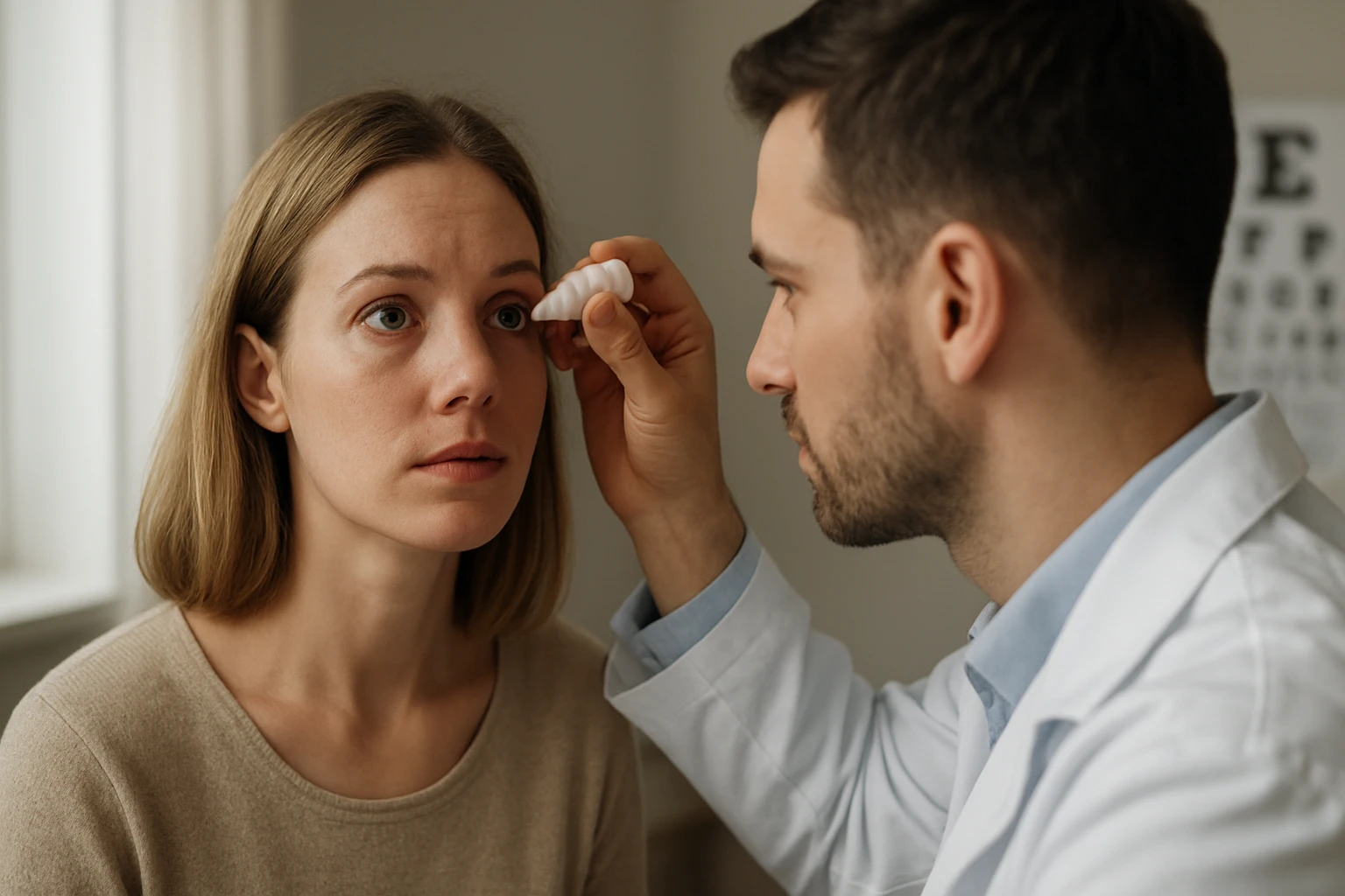 Egy orvos szemvizsgálatot végez egy fiatal nőn, aki figyelmesen néz rá.
