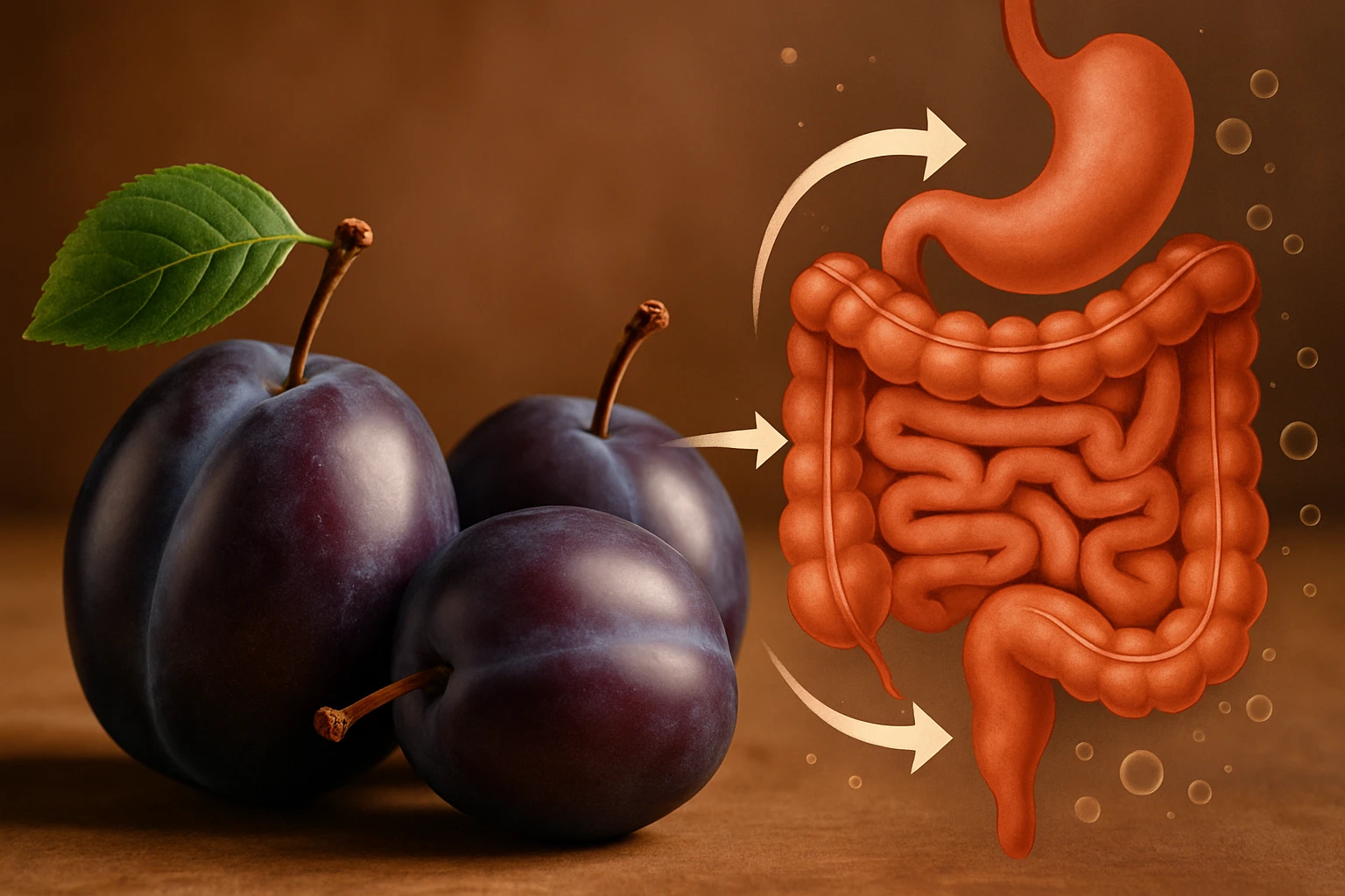 Két lila szilva és egy zöld levél, mellettük az emésztőrendszer illusztrációja.