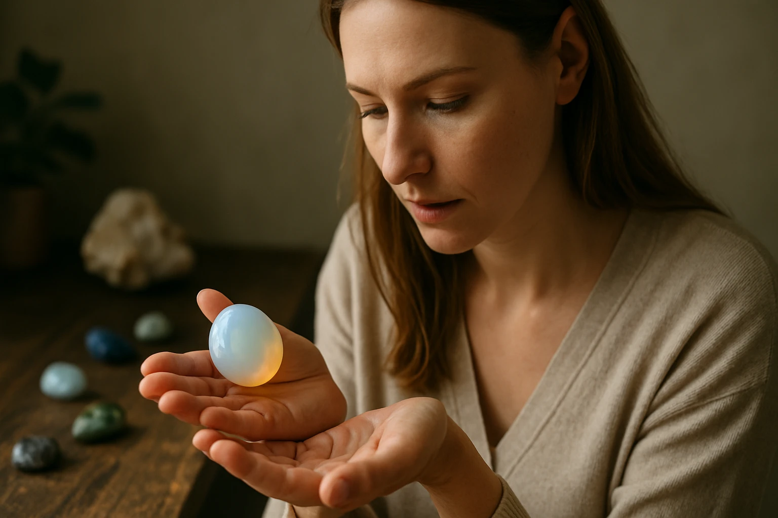 Egy nő figyelmesen nézi a kezében tartott színes követ, a háttérben más kövek láthatók.
