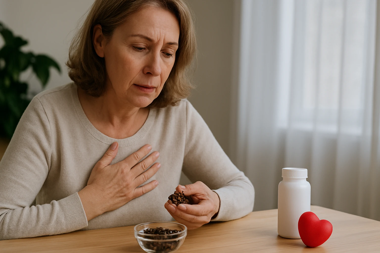 Egy középkorú nő szorongva néz egy tál kávészemre, miközben a szívére teszi a kezét.