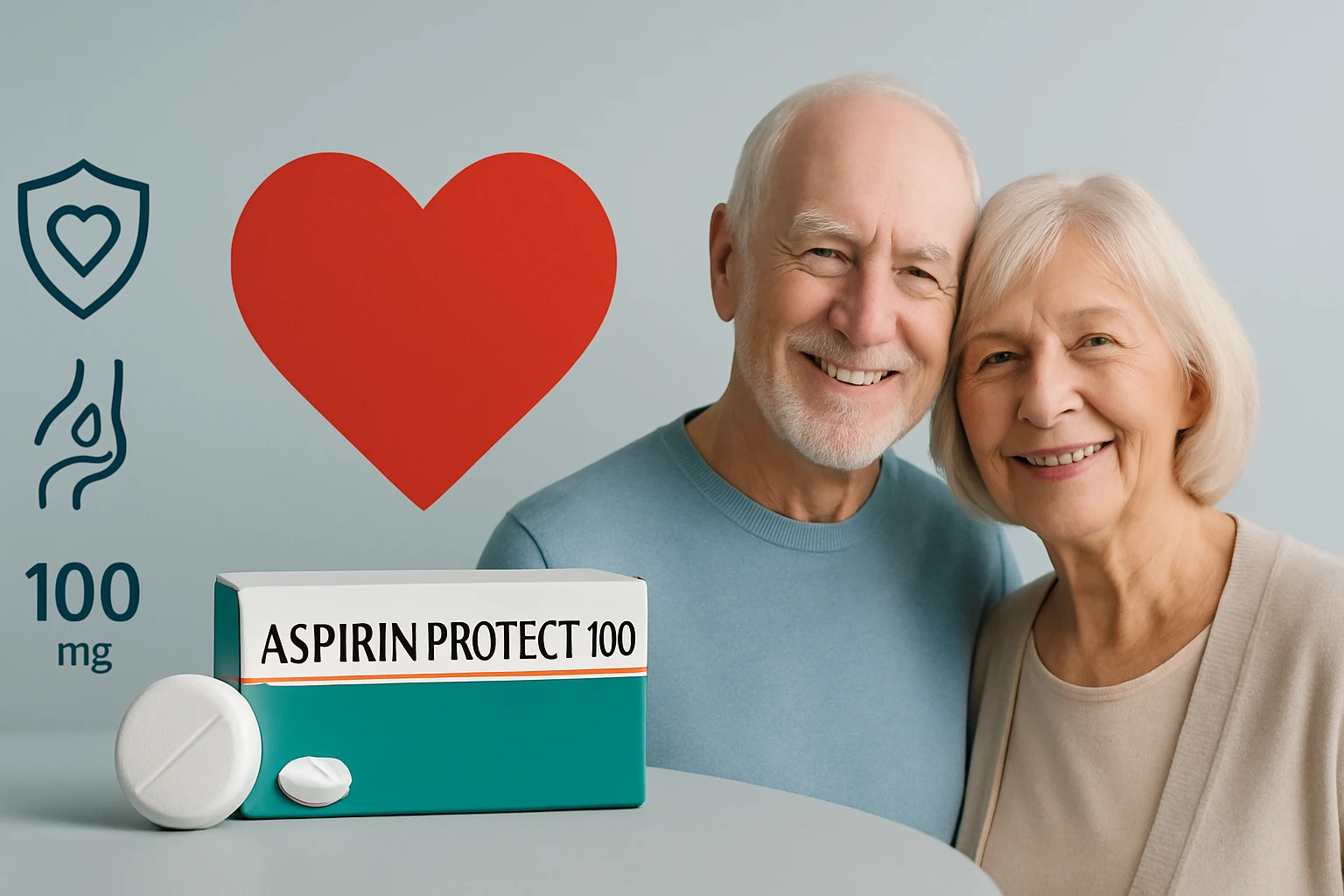 Idős pár mosolyogva áll egy aszpirint tartalmazó doboz mellett, szív szimbólummal a háttérben.
