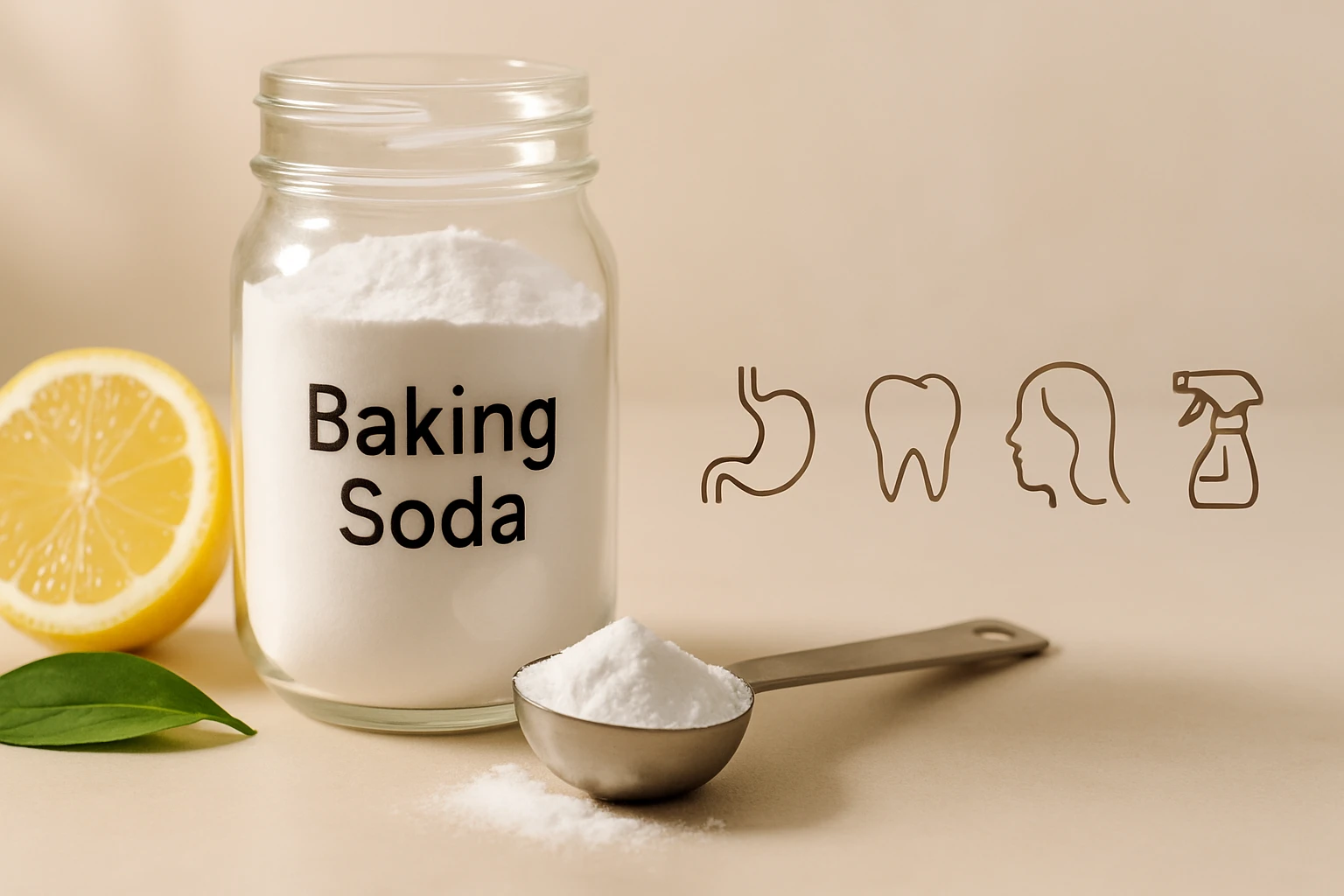 Egy üveg szódabikarbóna, mellette citrom és mérőkanál, háttérben ikonok.