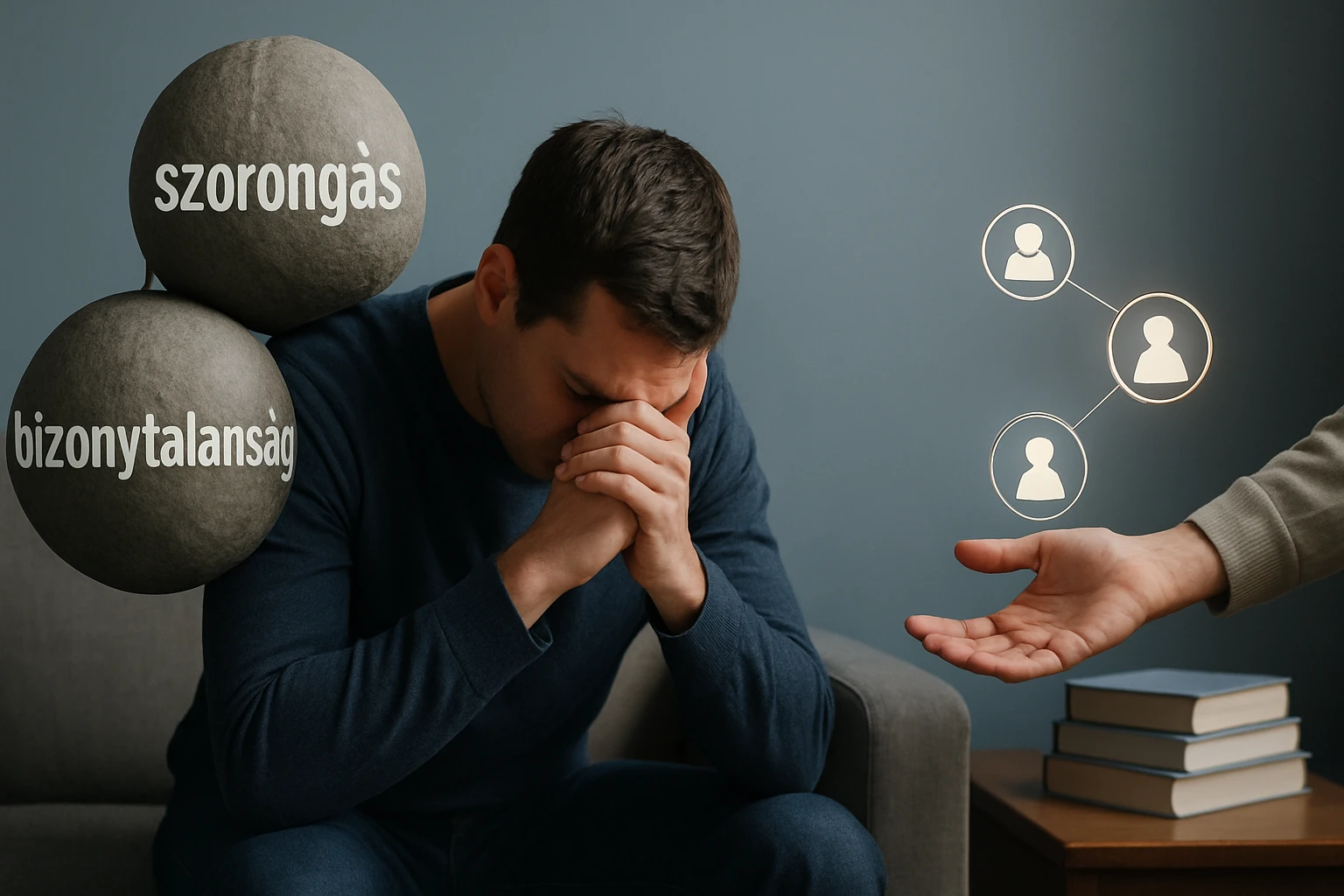 Egy fiatal férfi szorongva ül a kanapén, kezét az arcára téve, mögötte szavakkal jelölt súlyokkal.