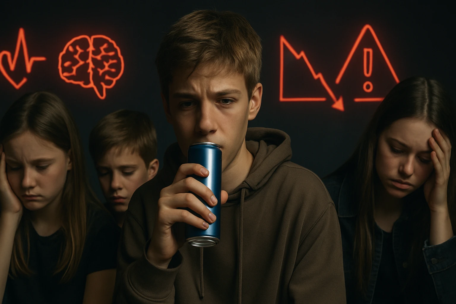 Egy fiatal fiú szorongva tart egy kék üdítős dobozt, mögötte három szomorú arc.