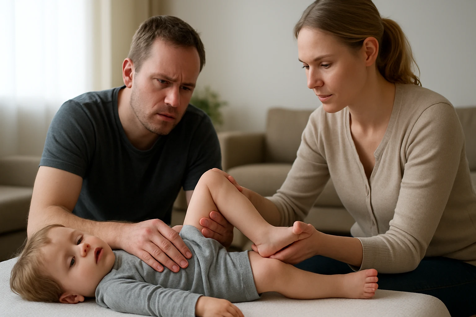 Egy kisgyermek lábát vizsgálja egy férfi és egy nő, aggodalommal az arcukon.