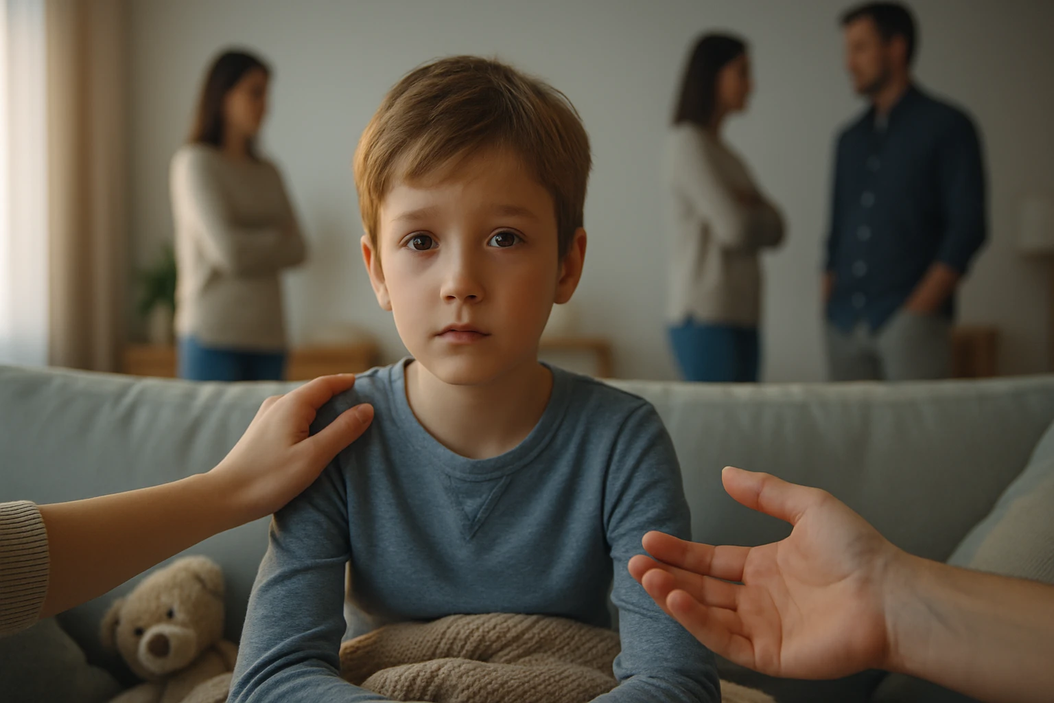 Egy kisfiú szomorúan ül a kanapén, míg szülei háttérben veszekednek.