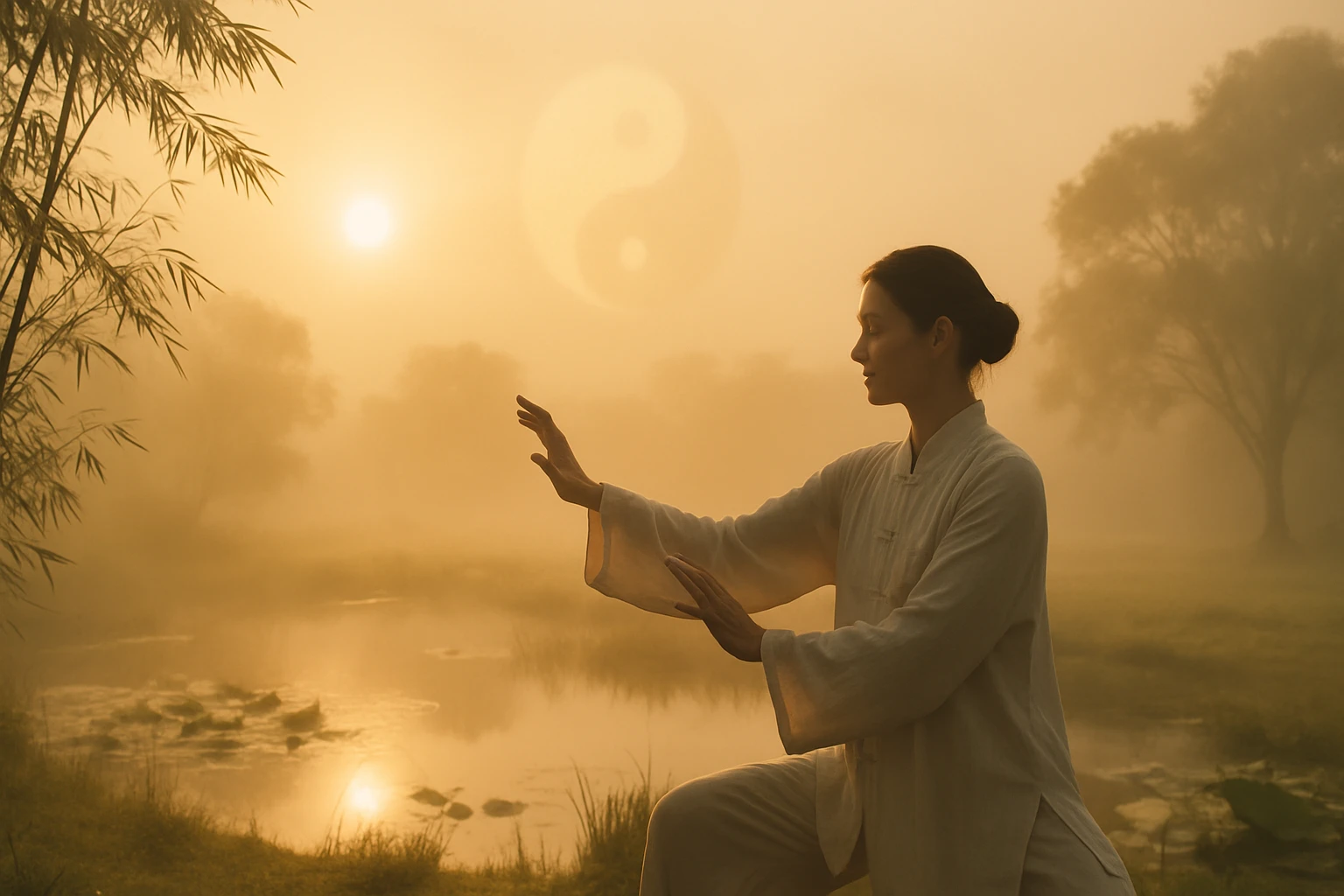 Egy nő tai chi-t gyakorol a ködös reggeli tájban, a nap felkeltével.