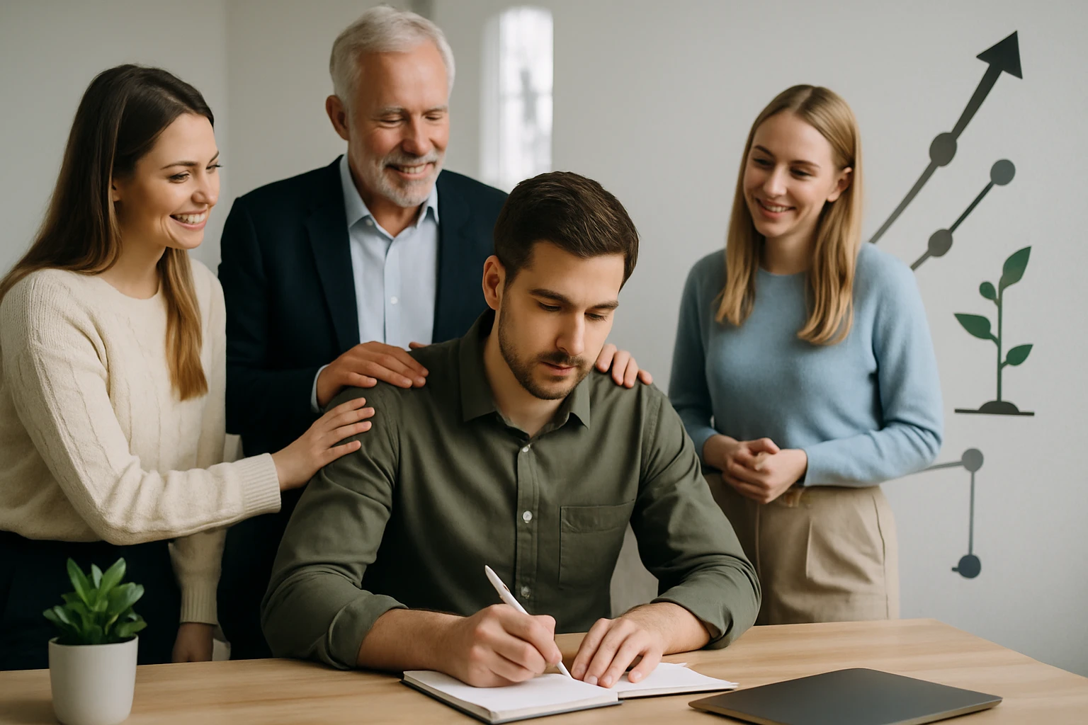 Egy fiatal férfi jegyzetel, miközben három támogató személy figyeli őt.