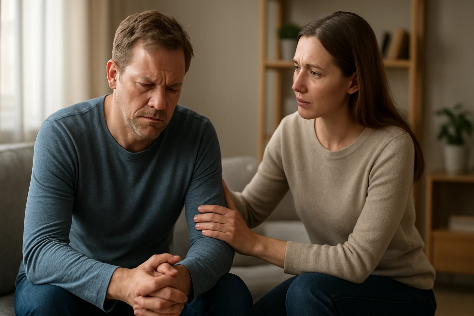 Egy férfi szomorúan ül a kanapén, míg egy nő támogatóan érinti a karját.