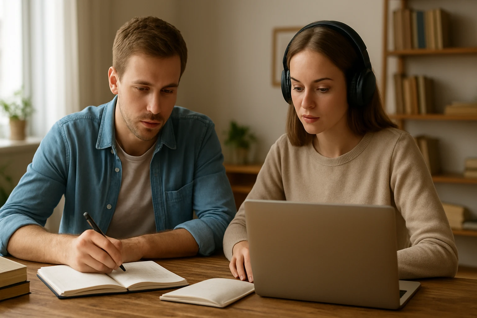 Két fiatal, egy férfi és egy nő, tanulás közben ülnek egy asztalnál, laptop előtt.