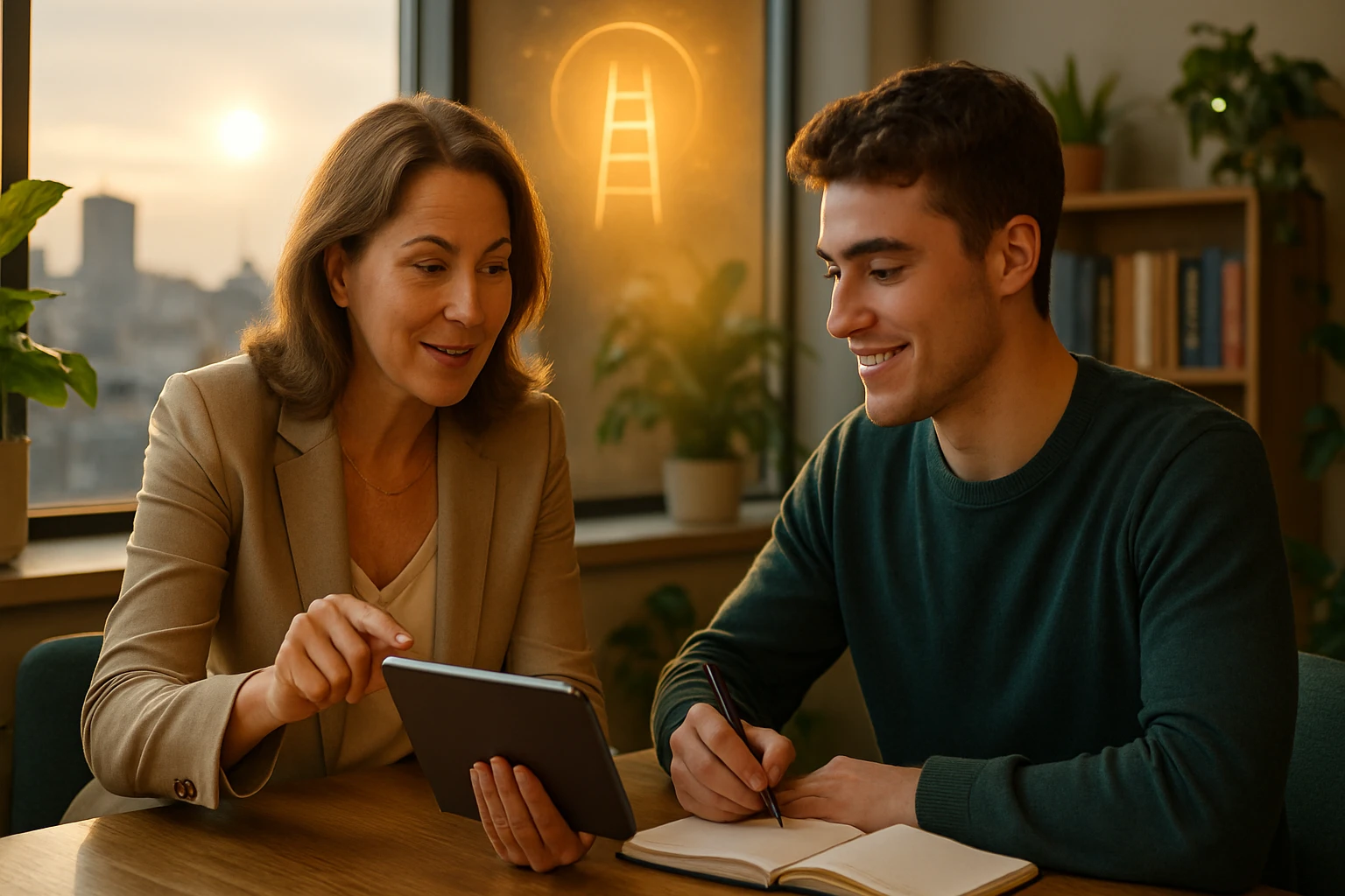 Egy nő és egy férfi ülnek egy asztalnál, a nő tabletet mutat a férfinak, miközben a naplemente fénye bevilágítja a szobát.