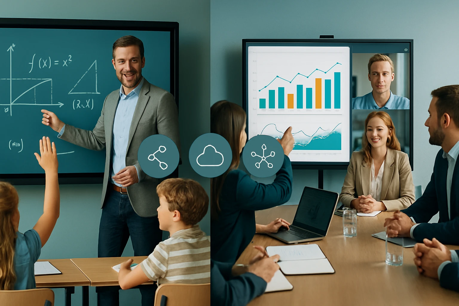 Egy tanár magyaráz matematikai fogalmakat, míg diákok figyelnek, jobbra pedig egy üzleti megbeszélés zajlik grafikonokkal.