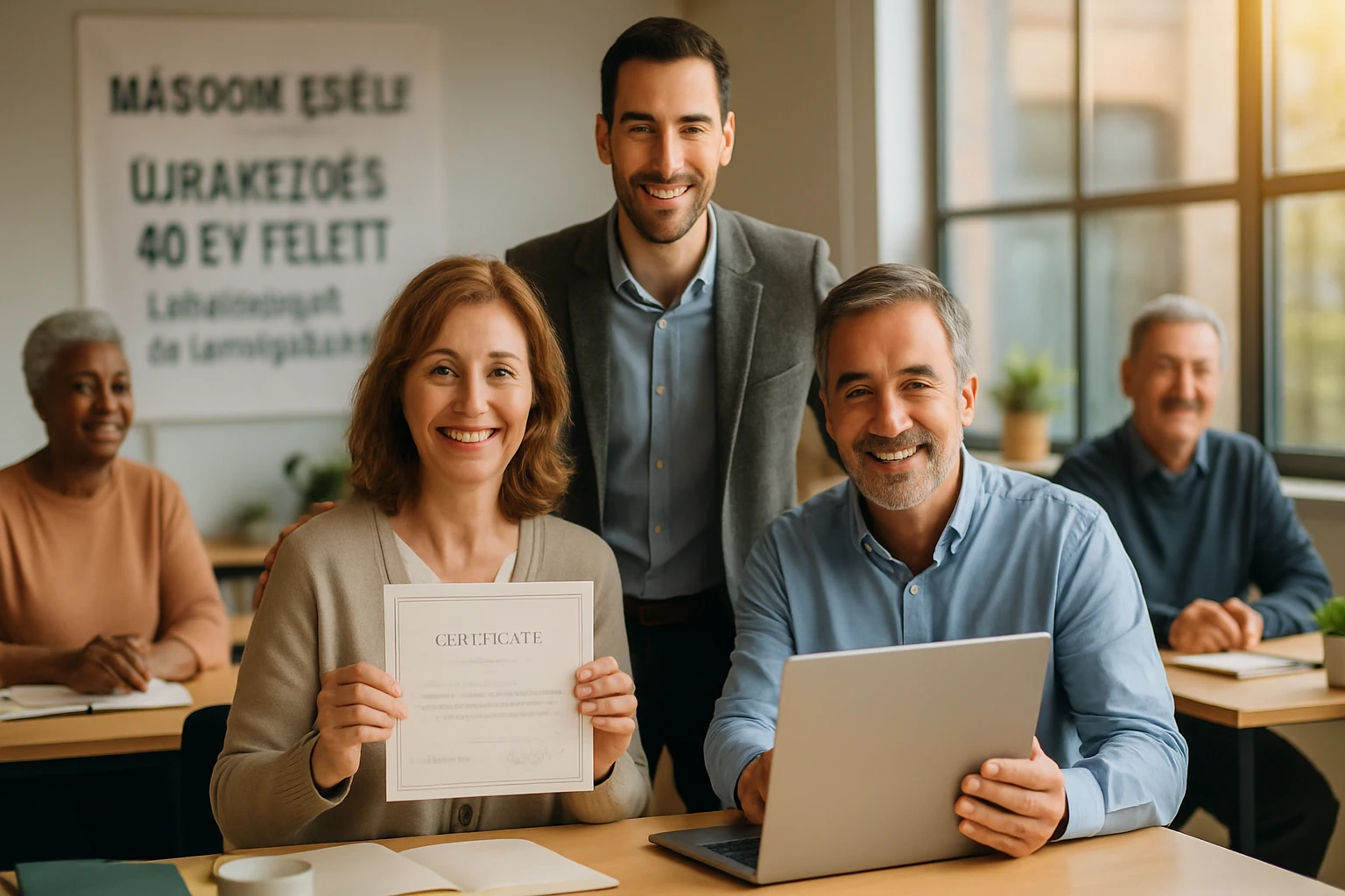 Egy nő boldogan tartja a kezében a tanúsítványát, miközben három másik ember is mosolyog a háttérben.