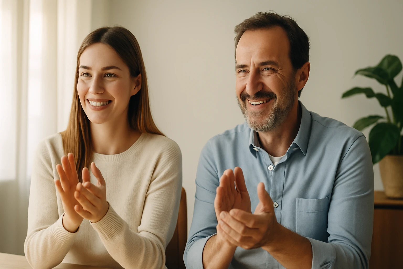 Egy fiatal nő és egy középkorú férfi tapsolnak, mosolyogva ülnek egy világos szobában.