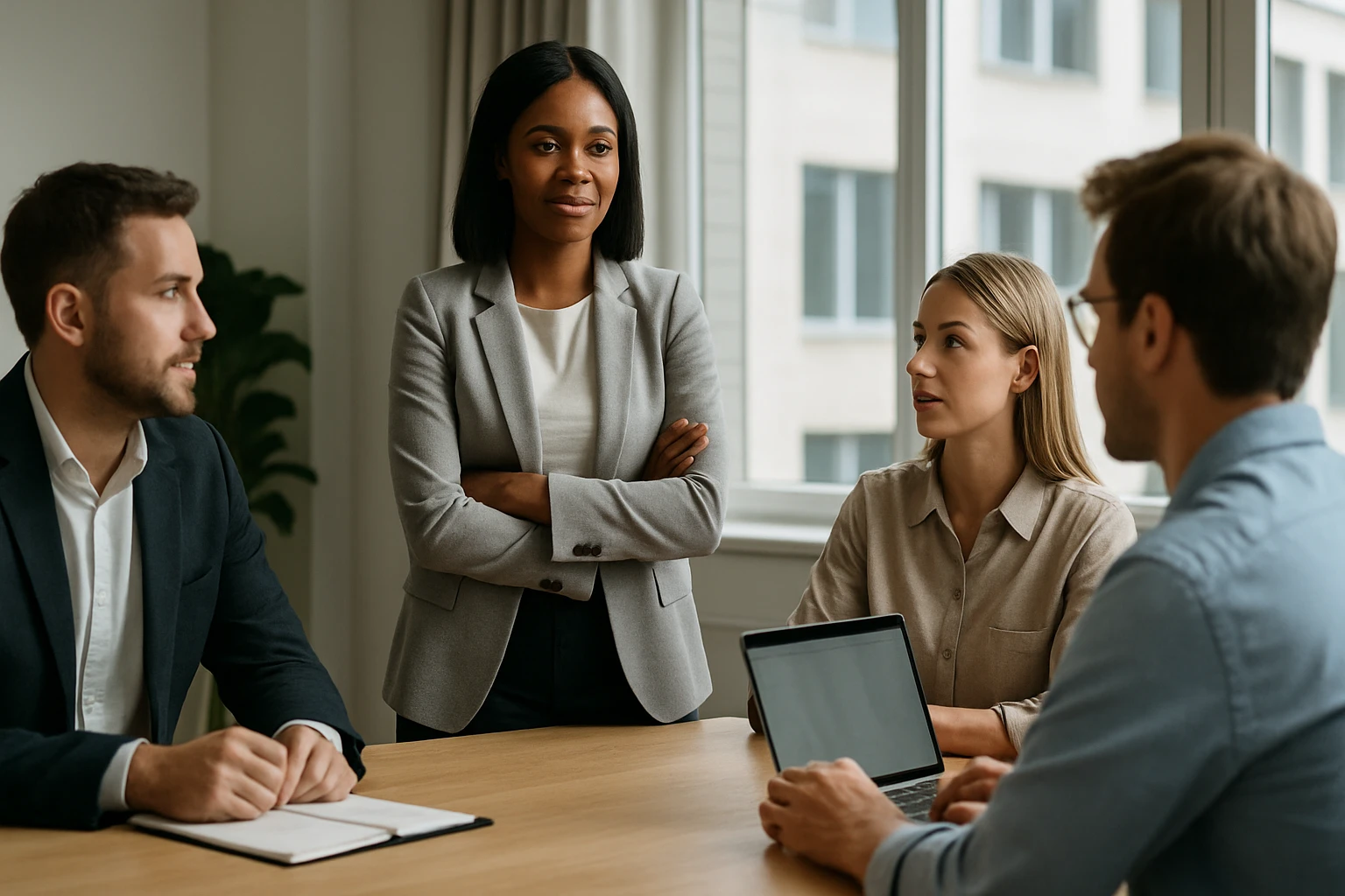 Négy felnőtt ül egy tárgyalóasztalnál, a középen álló nő figyelmesen hallgatja a beszélgetést.