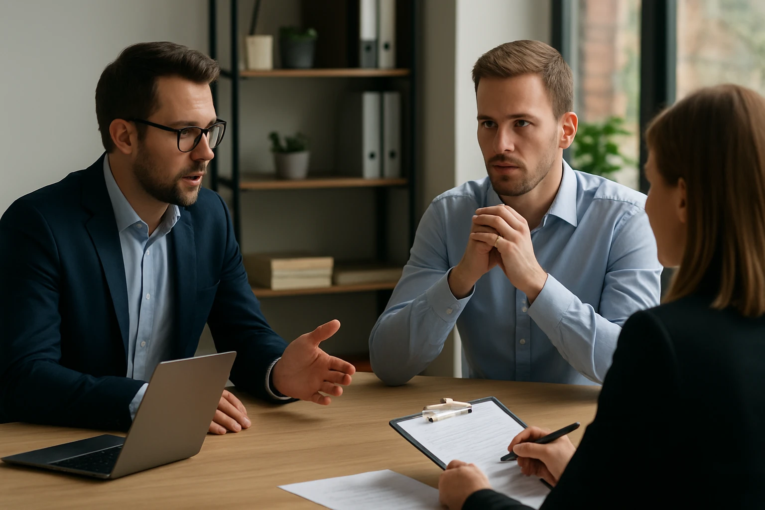 Két férfi beszélget egy tárgyalóasztalnál, laptop és iratok előtt.