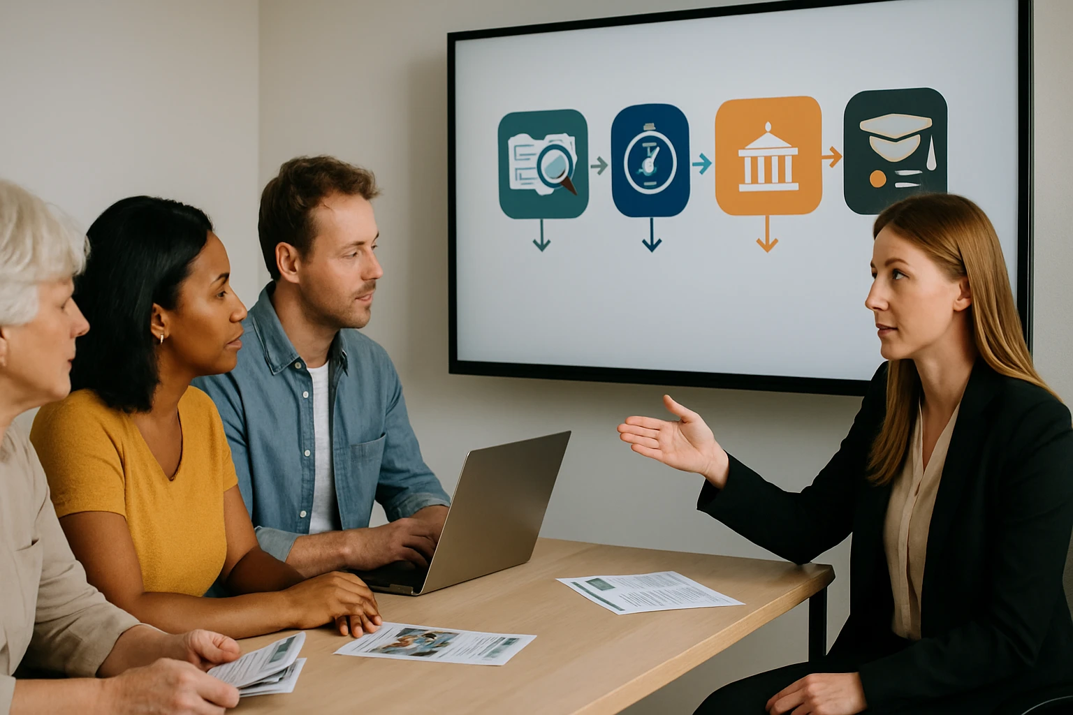 Négy ember ül egy tárgyalóasztalnál, a falon egy prezentáció látható.