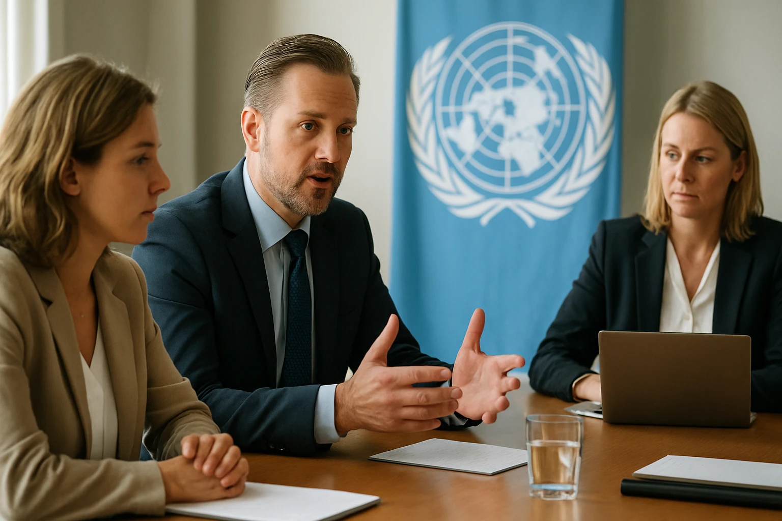 Három ember ül egy tárgyalóasztalnál, a háttérben az ENSZ zászlaja látható.