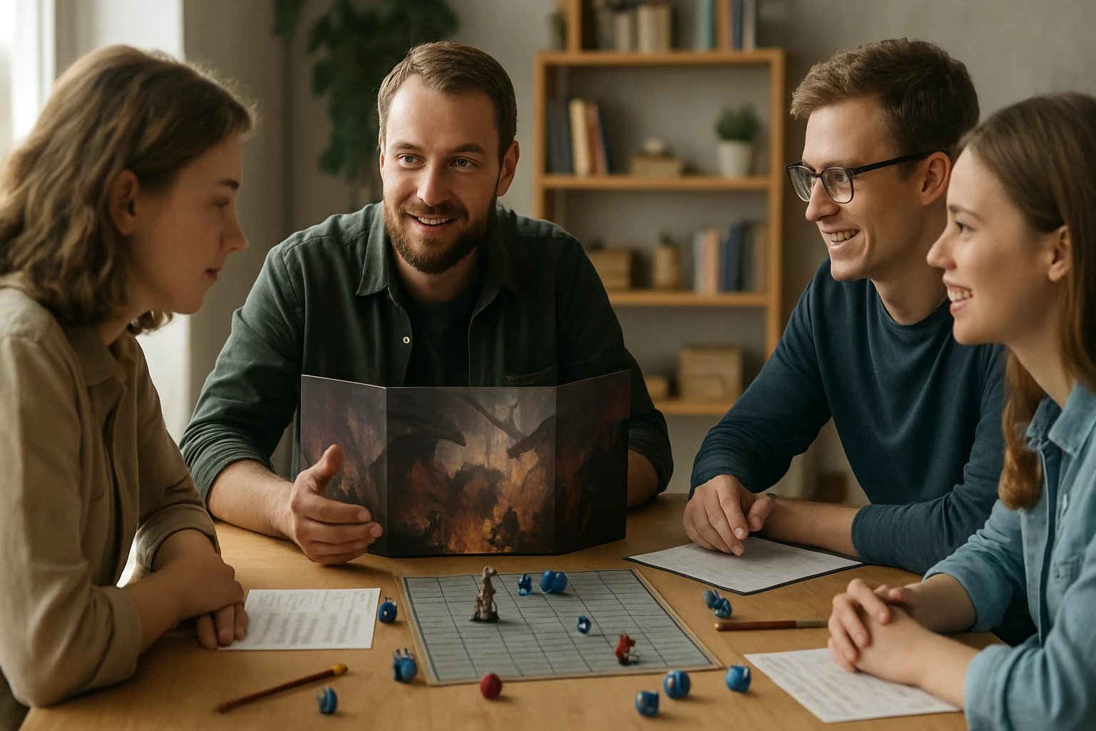 Négy fiatal felnőtt játszik egy társasjátékot, figyelmesen hallgatva egymásra.