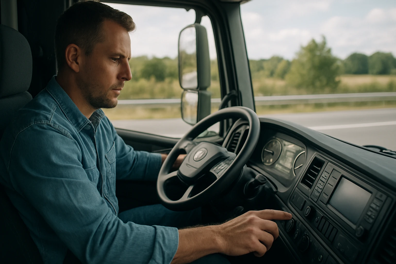 Egy férfi vezet egy teherautót, figyelmesen a műszerfalra nézve.