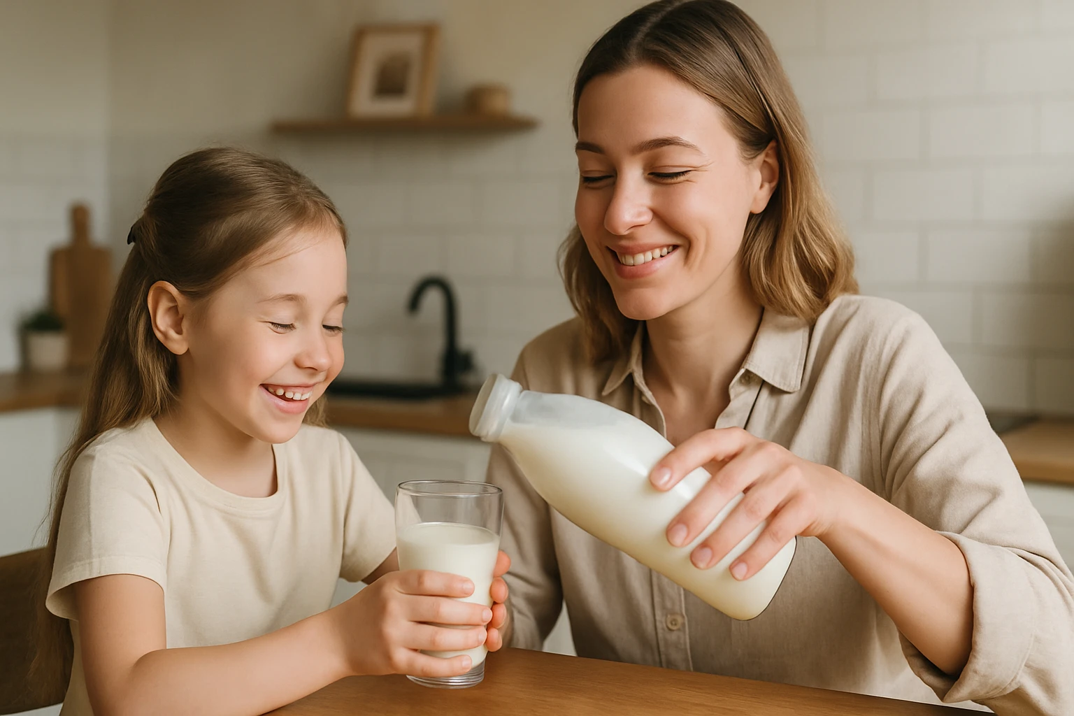 Egy anya tejjel tölt egy poharat, miközben lánya boldogan néz rá.