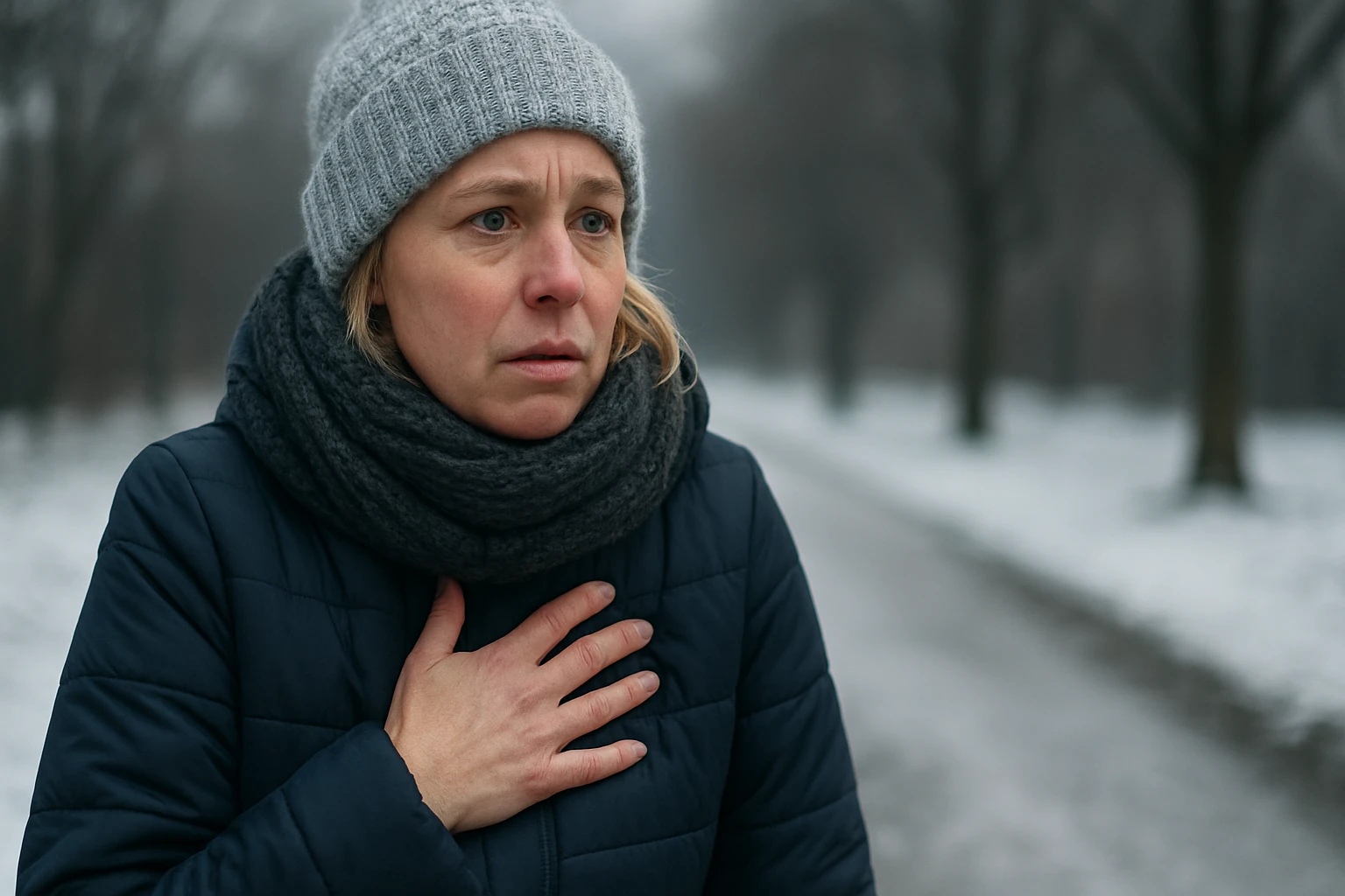 Egy nő aggódva néz a kamerába, miközben a hideg téli időjárásban sétál.