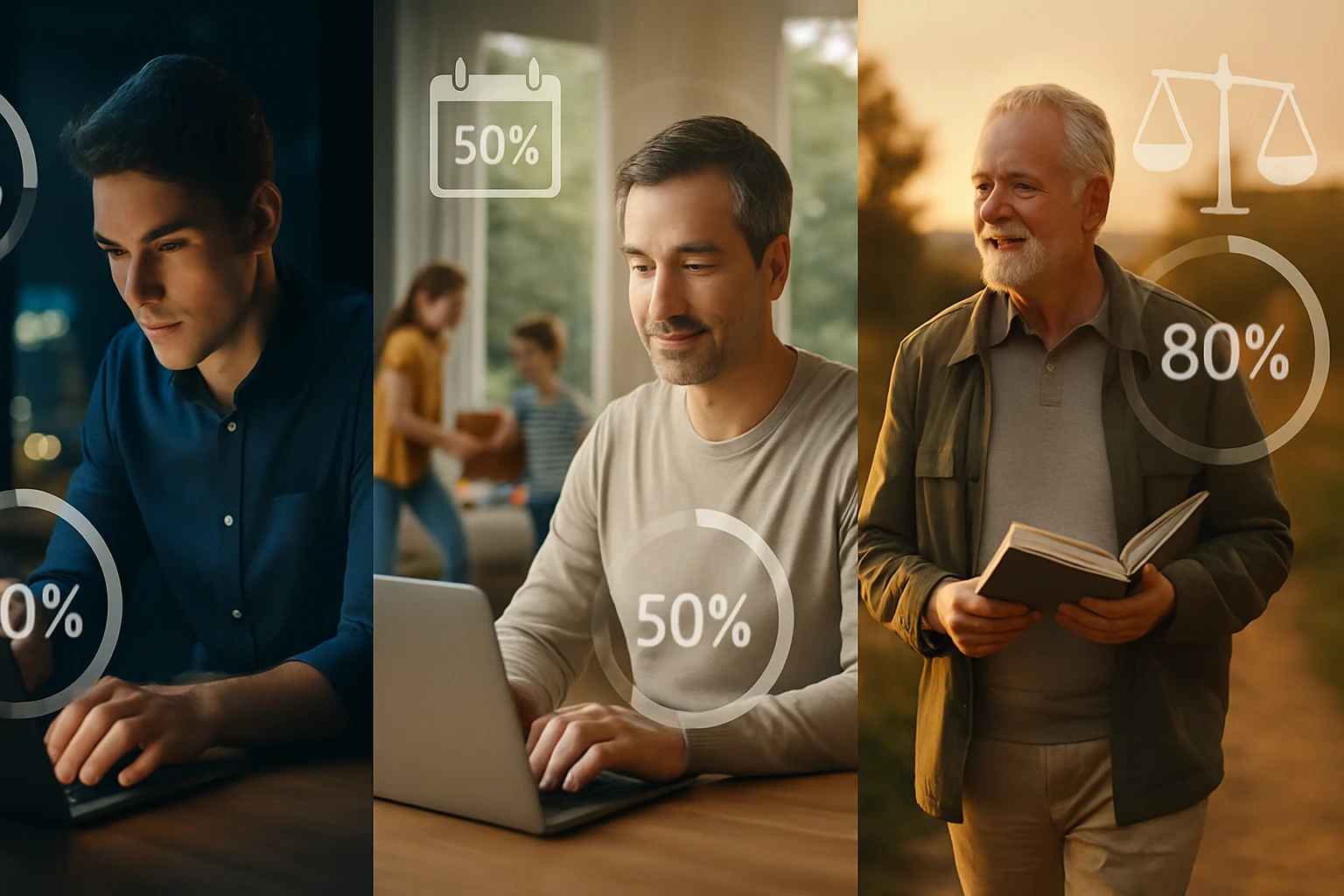 Három férfi különböző környezetben, laptop előtt és szabadban, a teljesítményük százalékos arányával.