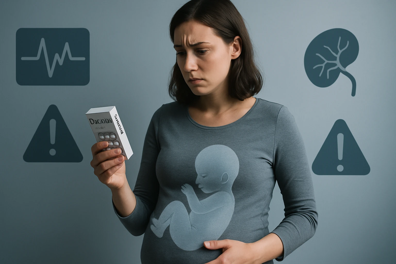Egy terhes nő aggódva nézi a gyógyszer dobozát, miközben figyelmeztető szimbólumok láthatók a háttérben.