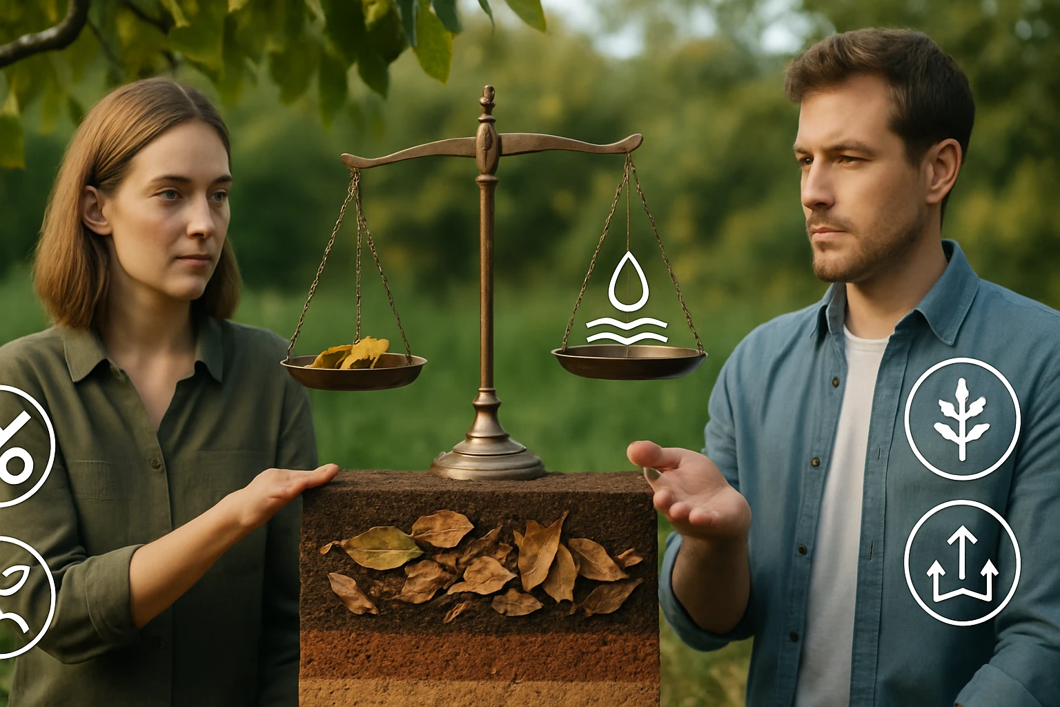 Két személy egyensúlyt mér egy mérlegen, az egyik oldalon levelek, a másikon víz szimbóluma látható.