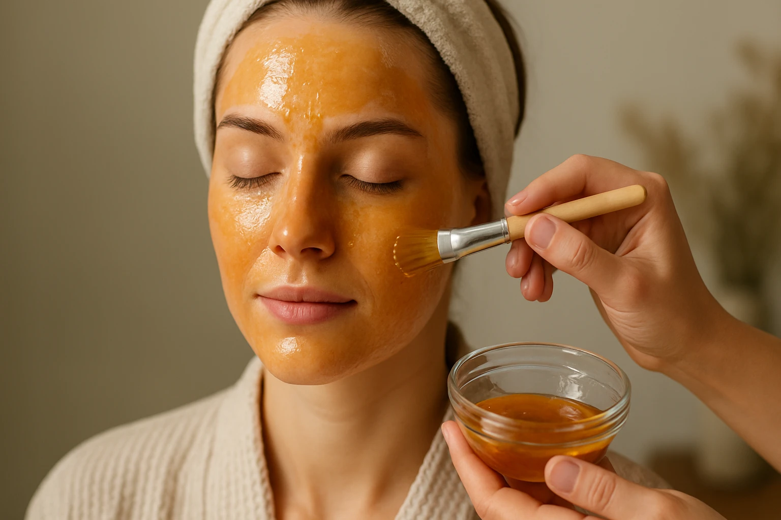 Egy nő arca mézes arcpakolással van borítva, miközben egy másik személy ecsettel viszi fel a pakolást.