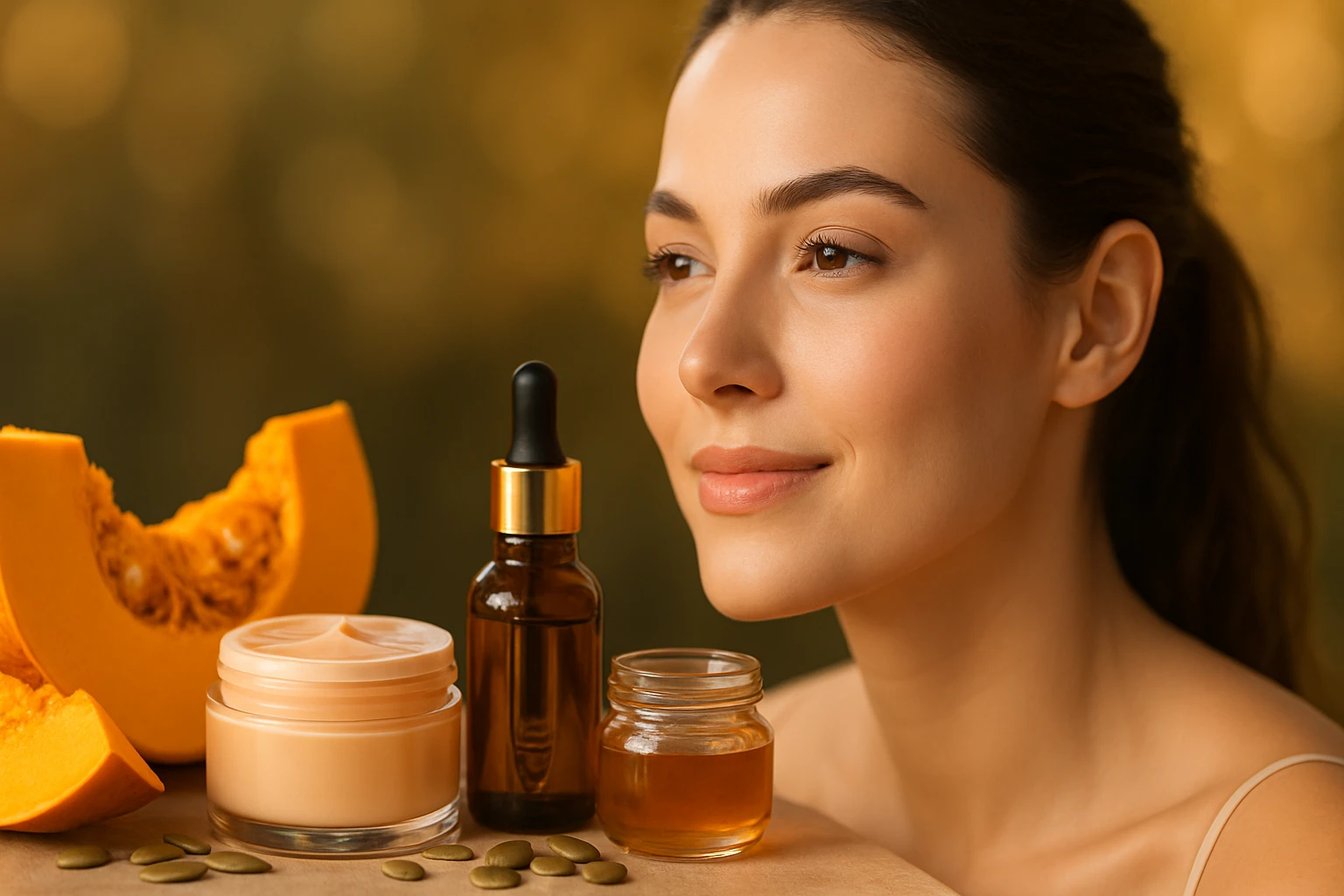 Egy fiatal nő mosolyog, mellette tök, bőrápoló krém és olajok találhatók.