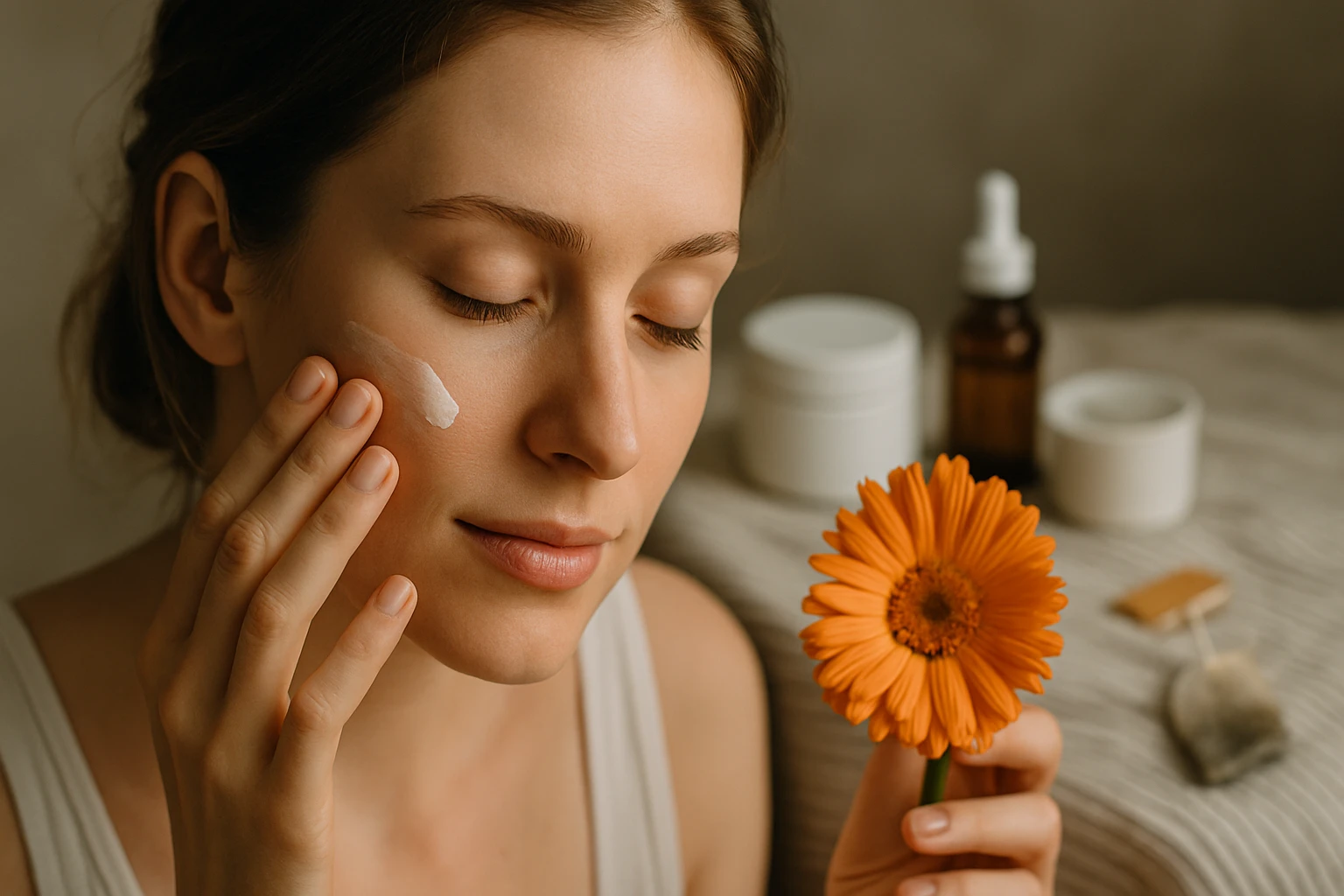 Egy fiatal nő arckrémet visz fel az arcára, miközben egy narancssárga virágot tart a kezében.