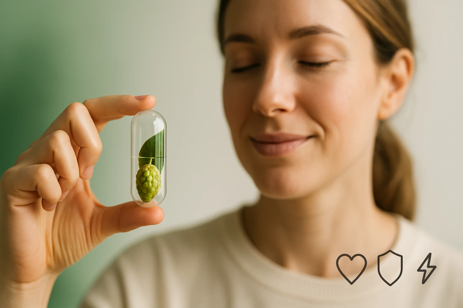 Egy nő, aki egy kapszulát tart a kezében, benne zöld levél és gyümölcs.