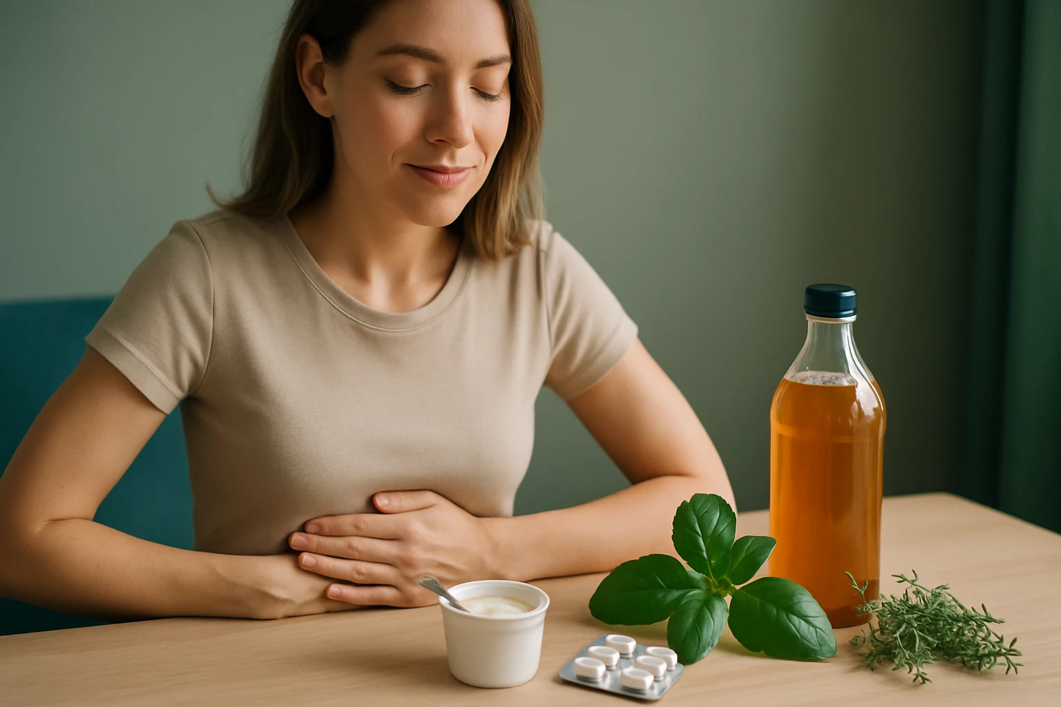 Egy nő ül egy asztalnál, kezét a hasán tartja, mellette gyógyszerek, gyógynövények és egy üveg ital.