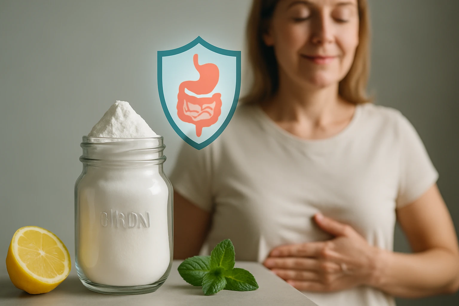Egy nő mosolyogva áll, mellette citrom, menta és egy üveg fehér porral.